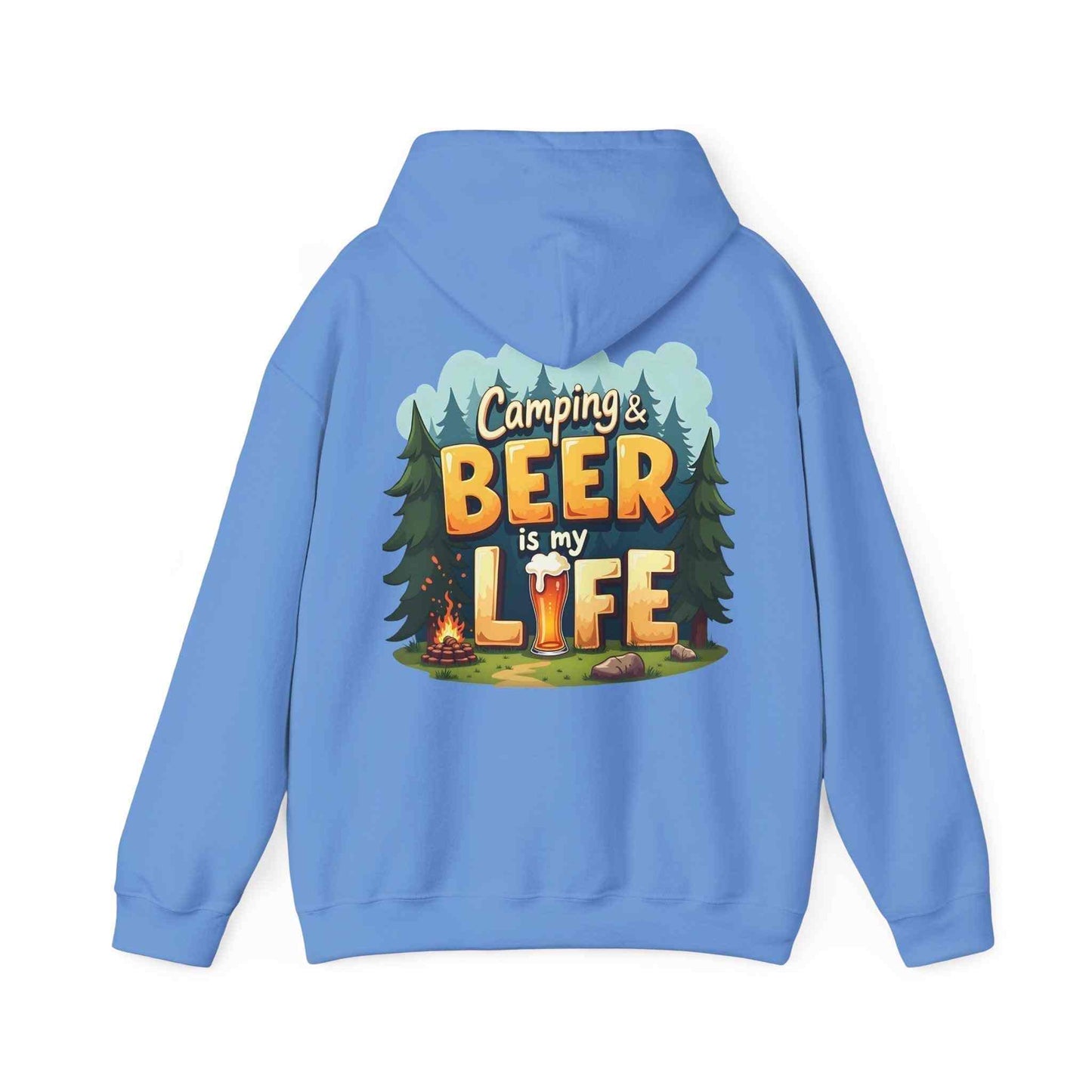 Blue unisex Beer Life Camping Hoodie with camping and beer graphic and kangaroo pocket