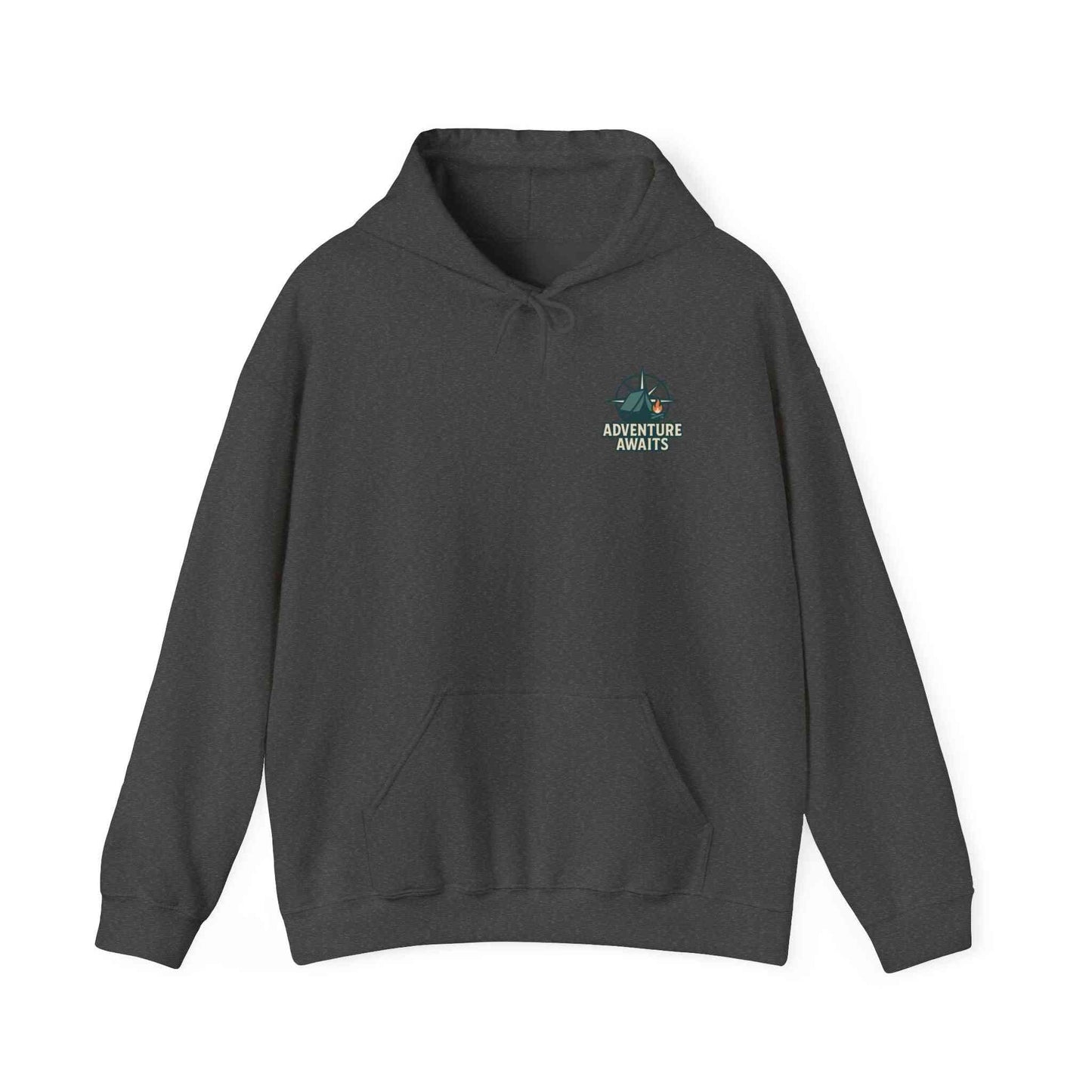 Dark gray unisex Adventure Awaits hoodie with front pocket and drawstring hood designed for travel and outdoor enthusiasts
