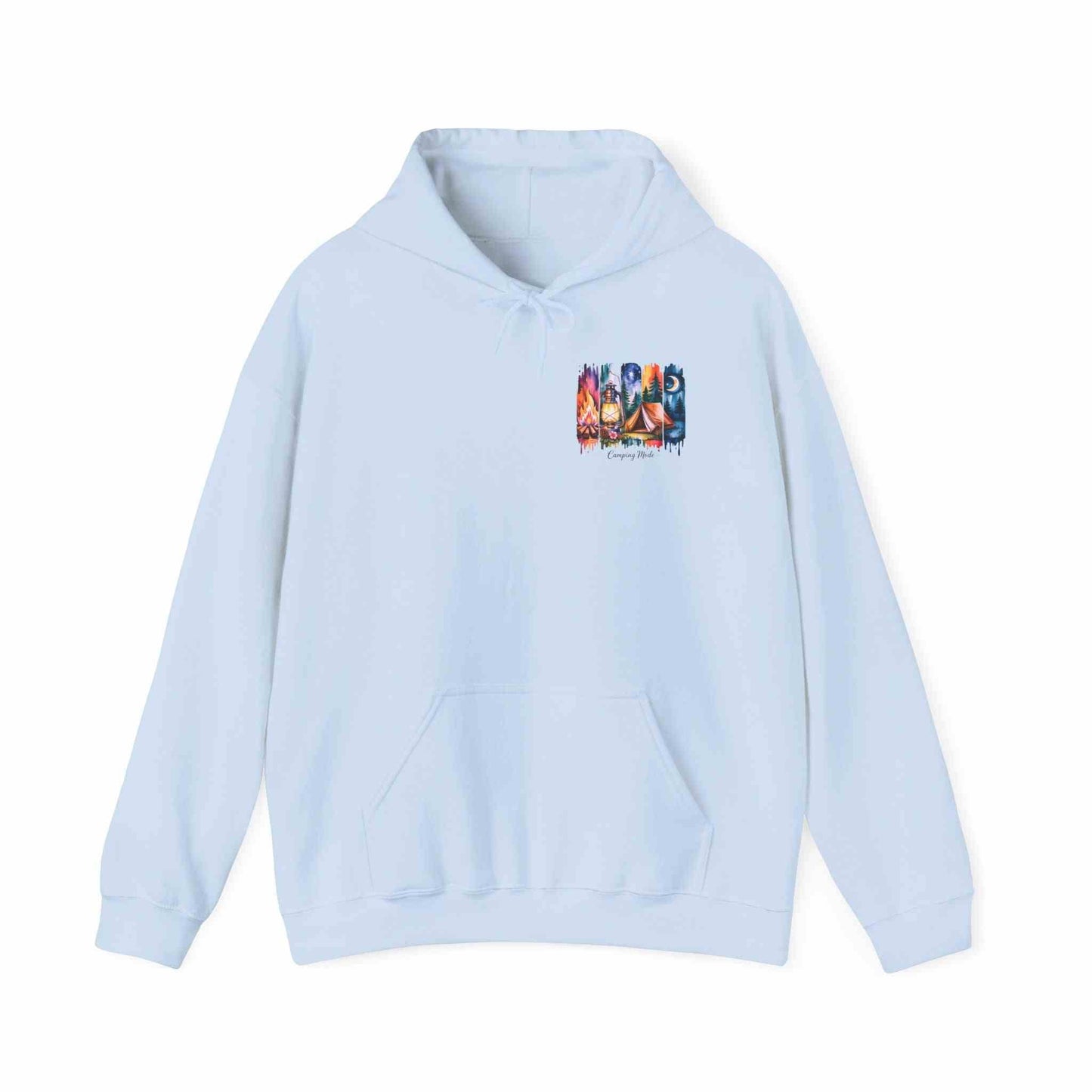 Unisex cozy camping hoodie with colorful campfire design, heavy blend fabric, and front kangaroo pocket for outdoor comfort and warmth