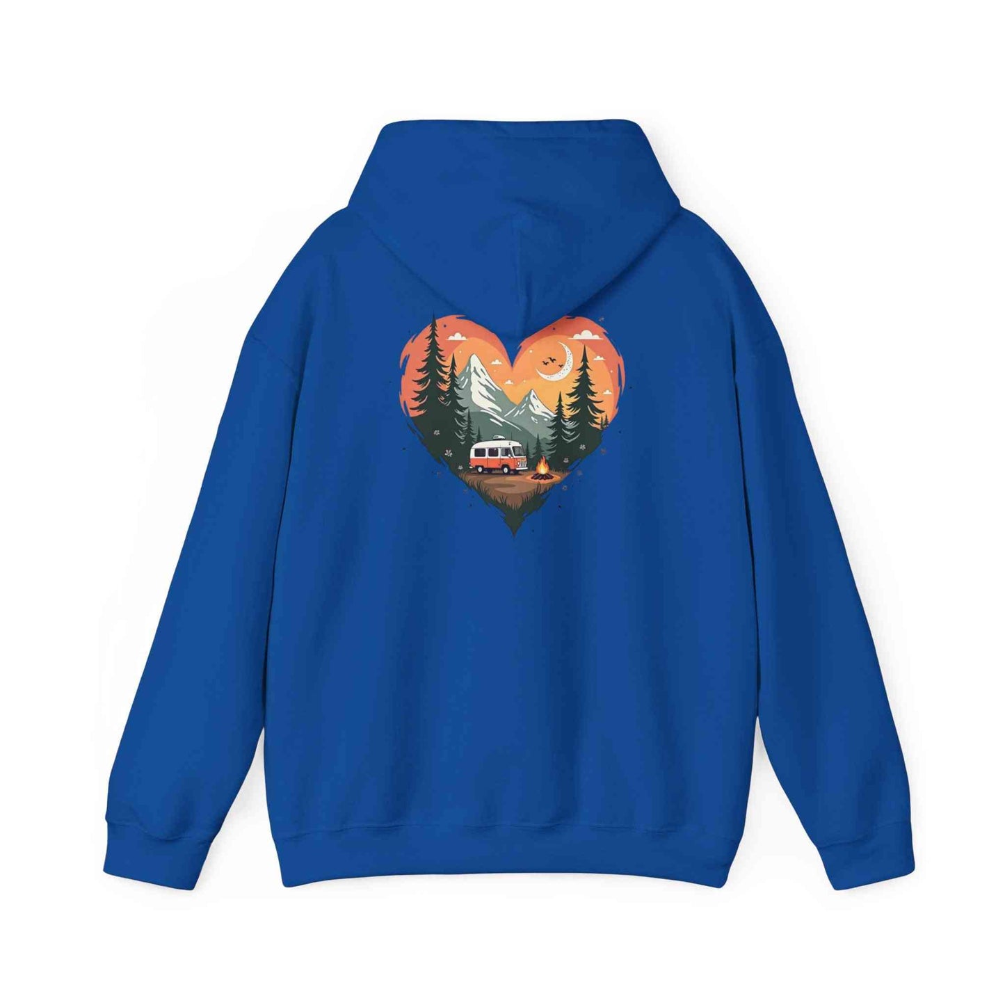 Blue unisex hoodie with nature lover's heart graphic featuring forest, sunset, and camper van design