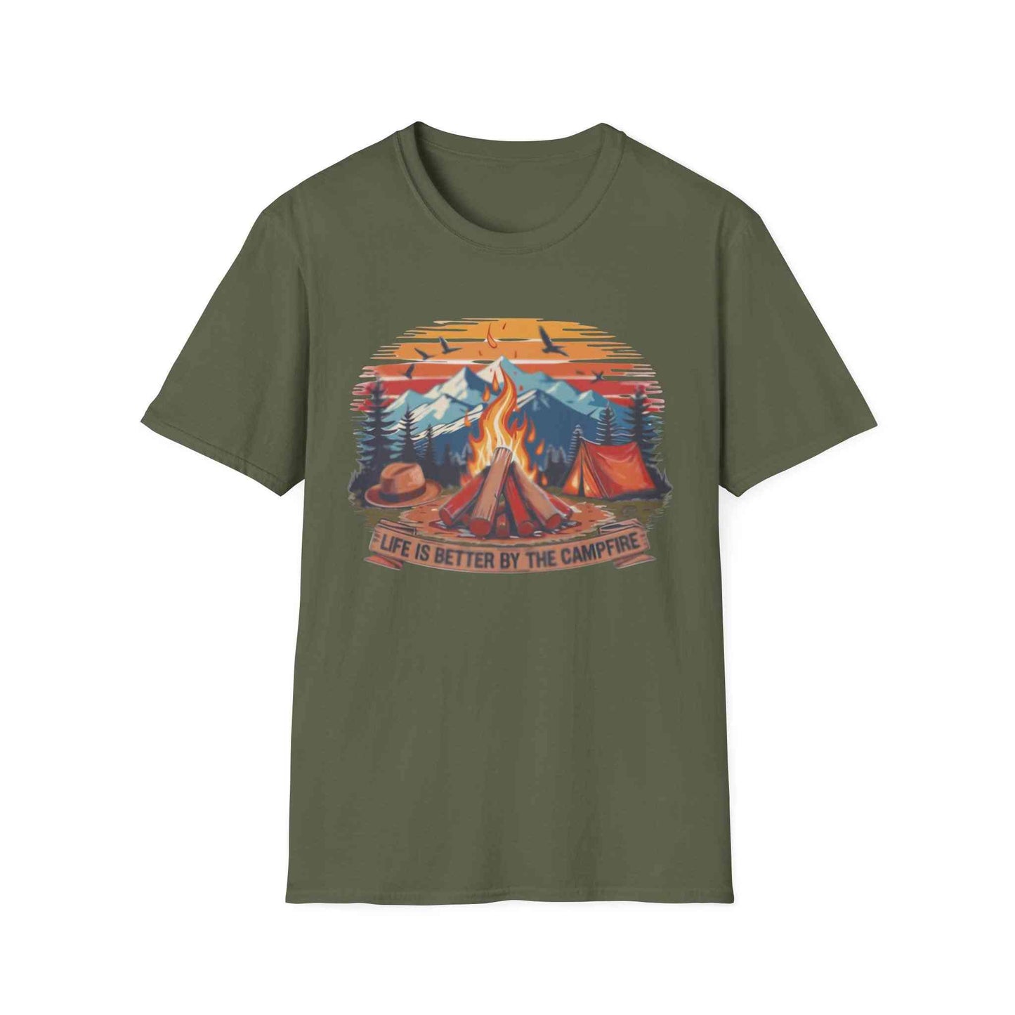 Campfire Vibes Unisex Softstyle T-Shirt with campfire and mountain design, olive green outdoor lovers tee