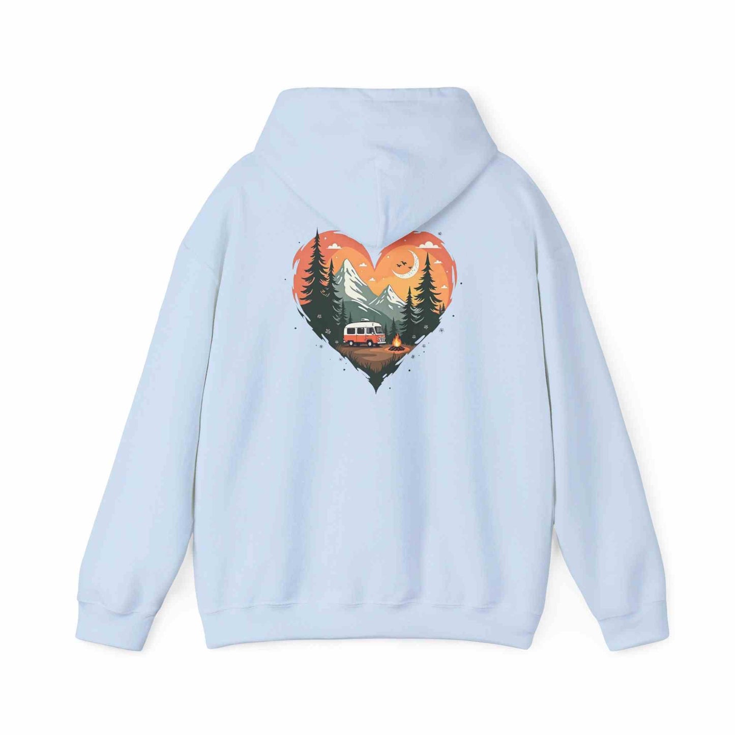Unisex cozy hoodie with heart-shaped nature scene featuring trees, mountains, and a camper van outdoors