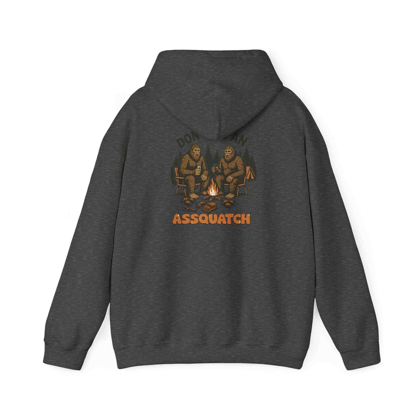 Unisex Cozy Bigfoot Hoodie with campfire Sasquatch design on dark gray sweatshirt back
