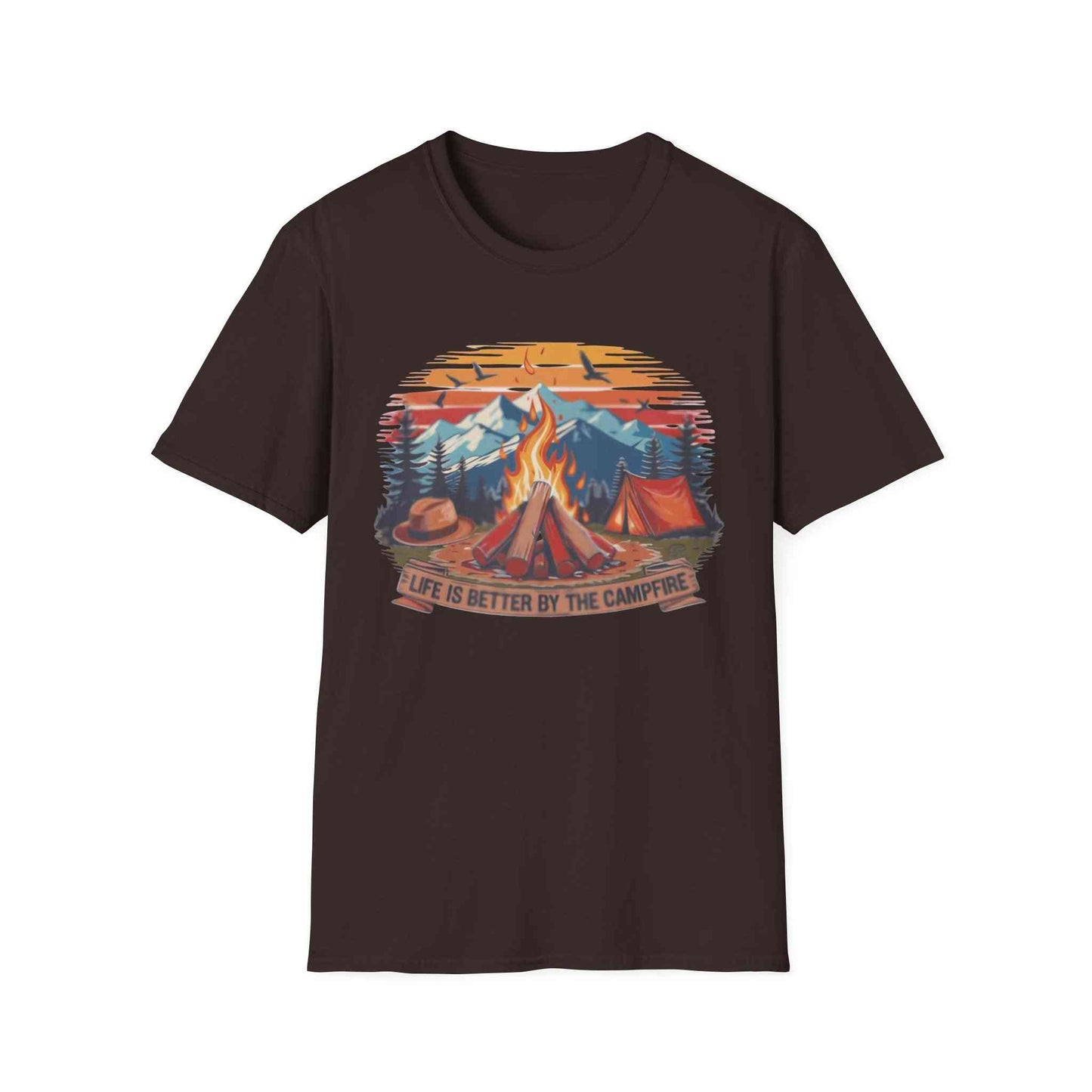 Campfire Vibes Unisex Softstyle T-Shirt with mountain and campfire design for outdoor lovers