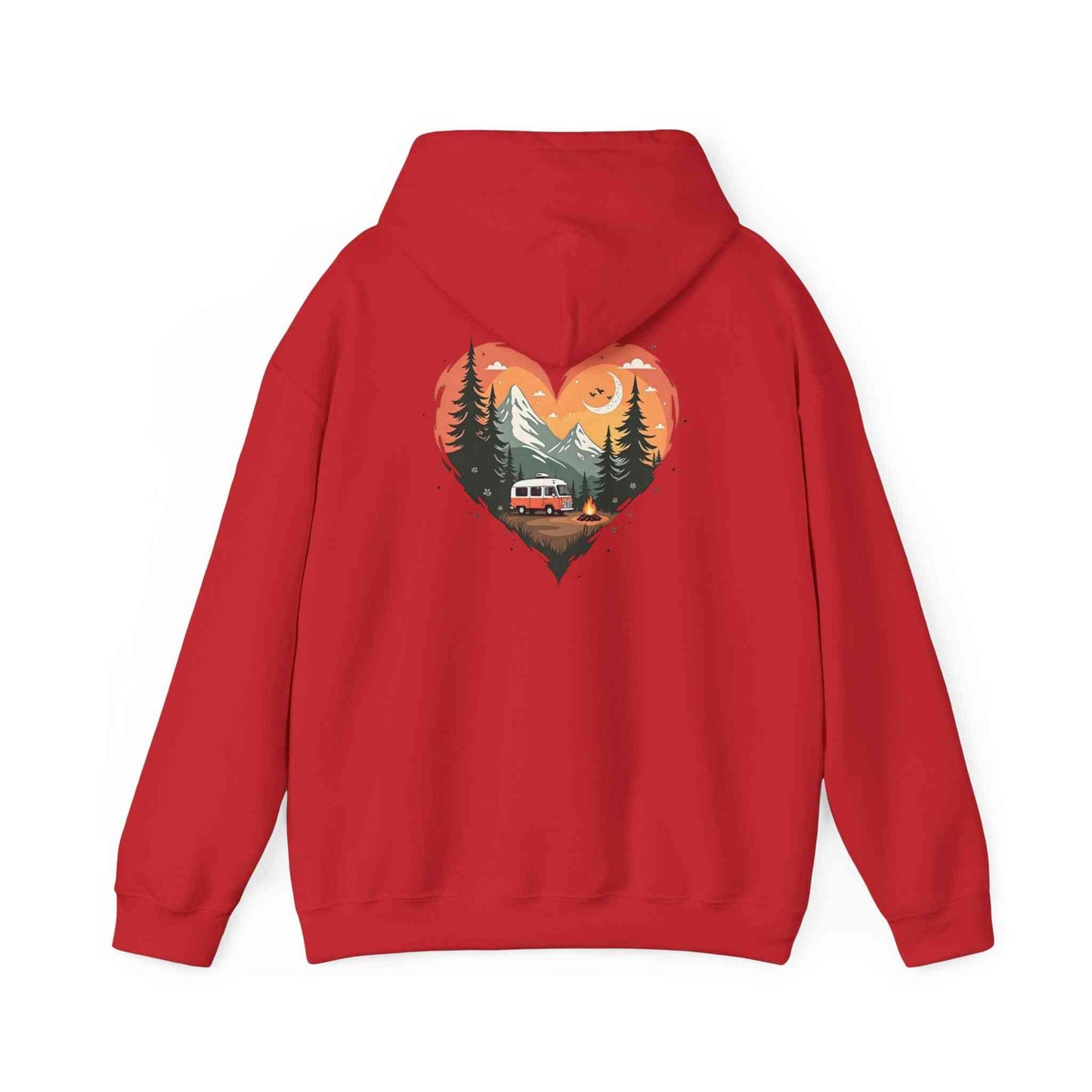Red unisex hoodie with nature lover's heart graphic featuring trees, mountains, sunset, camper, and campfire on the back