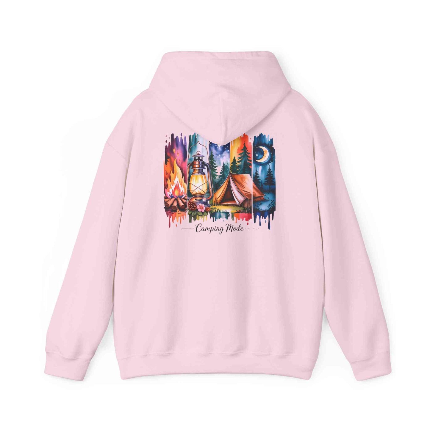 Pink cozy camping hoodie with colorful outdoor adventure graphic on back, unisex heavy blend sweatshirt for warmth and comfort