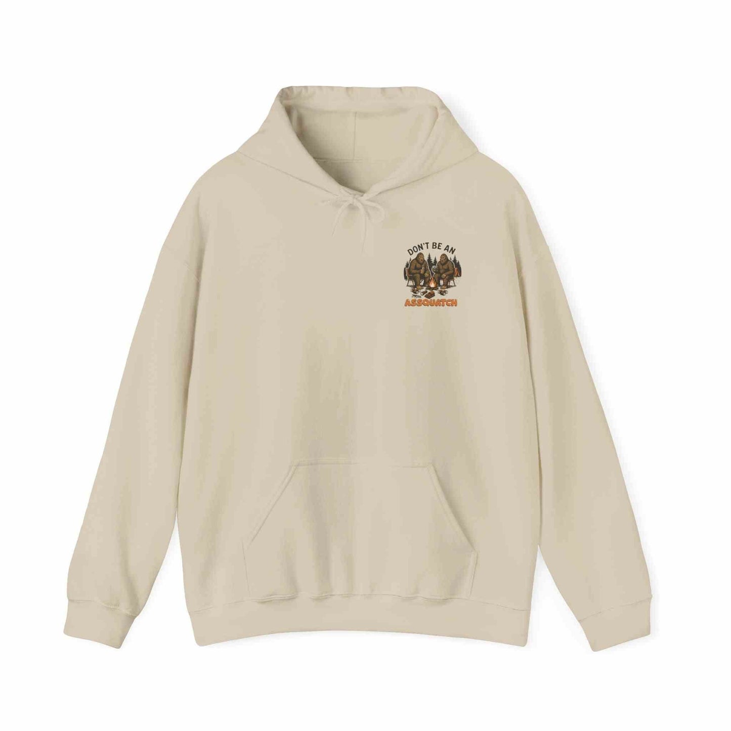 beige Cozy Bigfoot Hoodie with Sasquatch graphic and front pocket, unisex outdoor sweatshirt for nature lovers