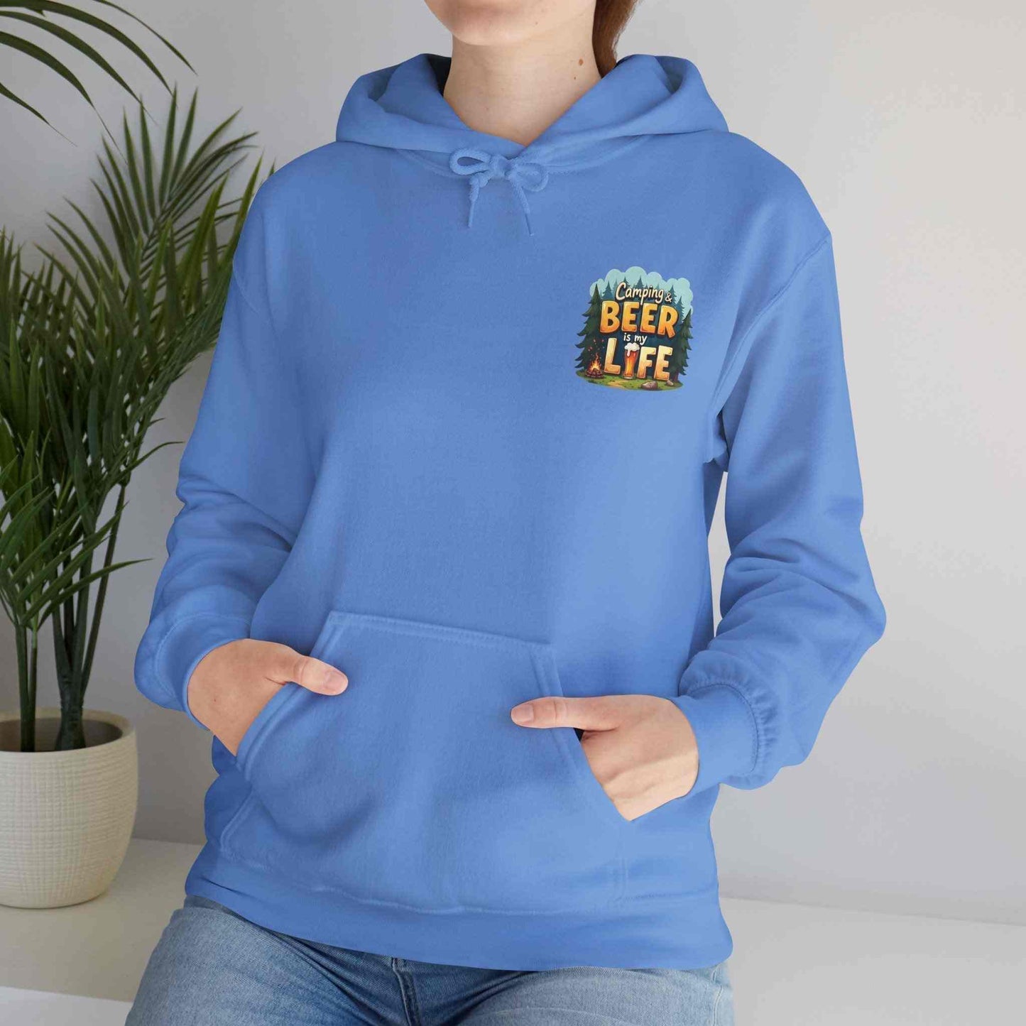 Unisex blue Beer Life Camping Hoodie with kangaroo pocket and adjustable hood, outdoor sweatshirt for beer lovers and campers