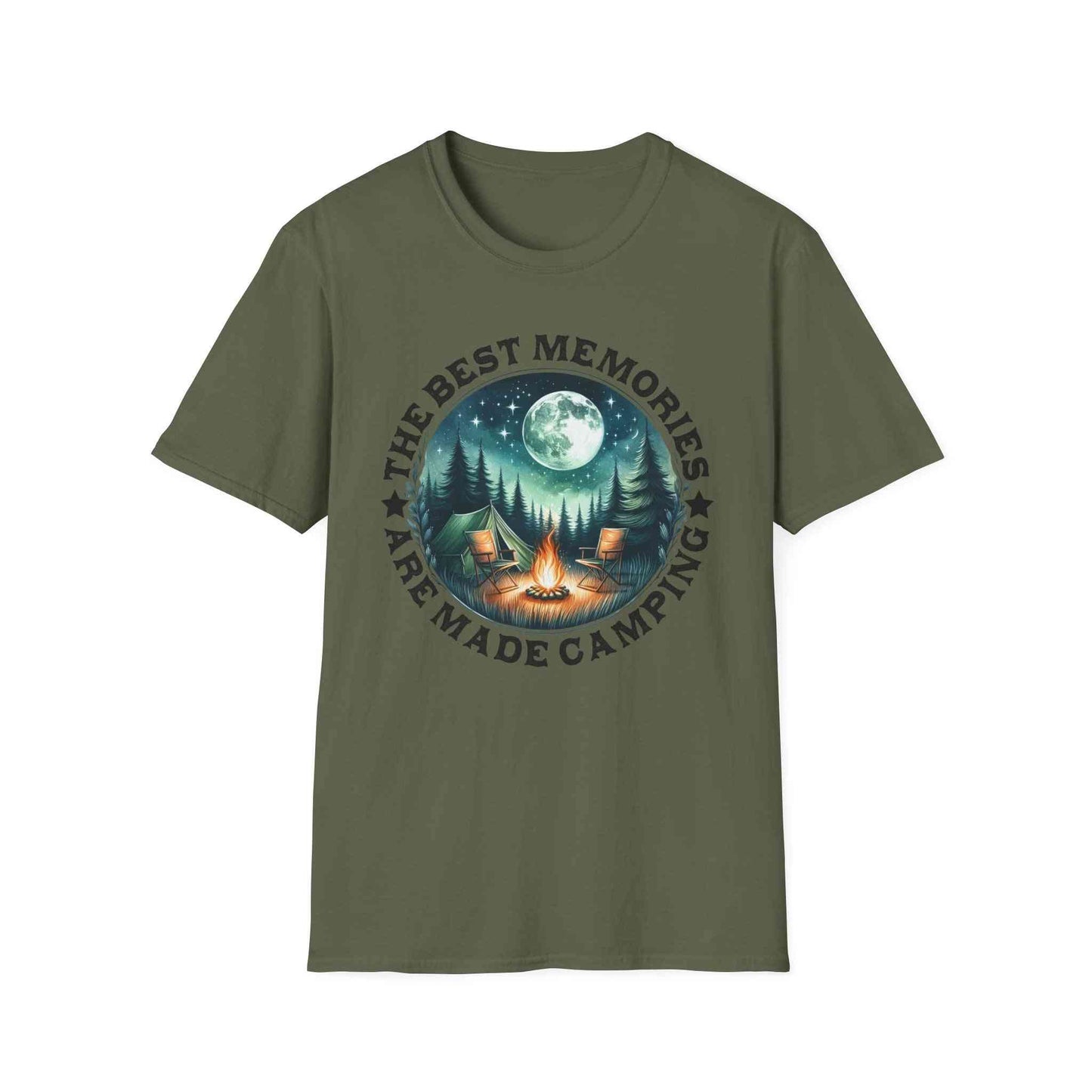 Camping Memories Unisex Softstyle T-Shirt featuring a campfire and forest design under a full moon on an olive green outdoor tee