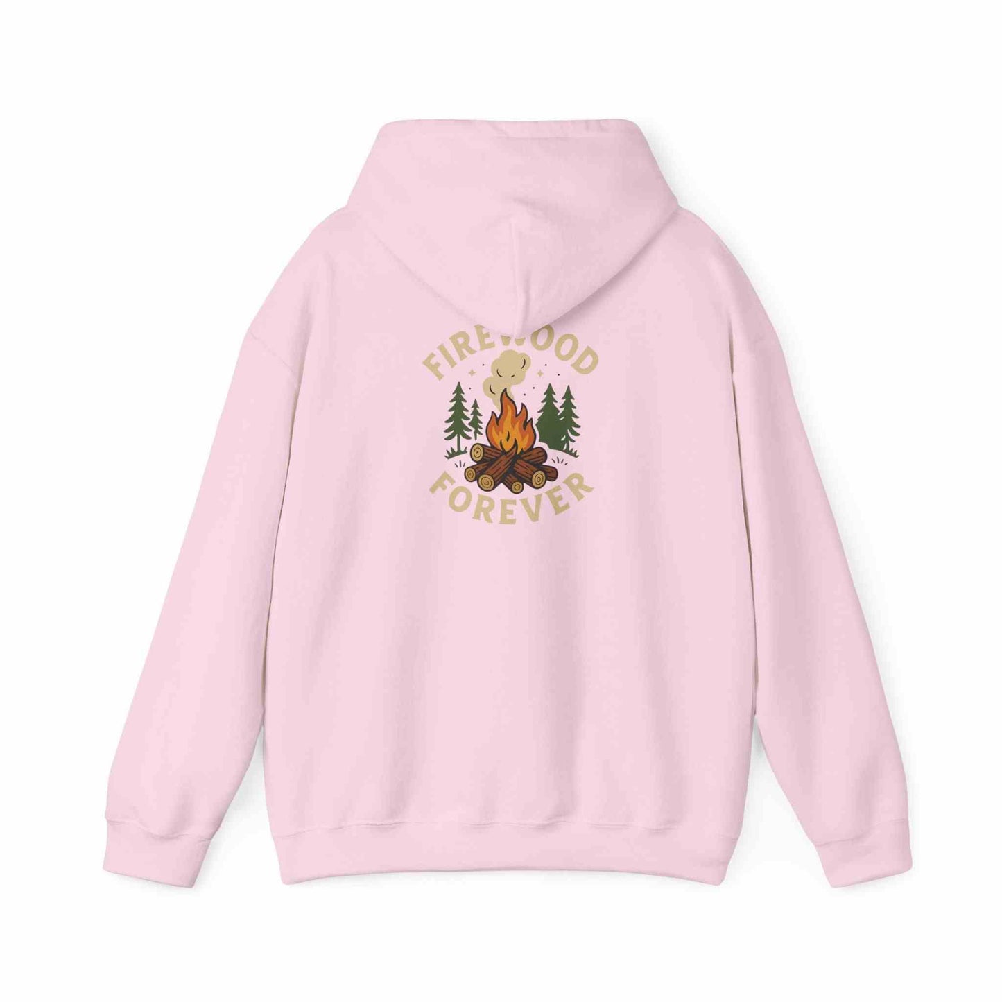 pink Cozy Campfire Hoodie with firewood and trees graphic and "Firewood Forever" text on back, unisex sweatshirt
