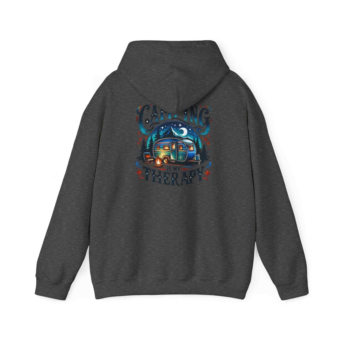 Dark gray Camping Therapy Sweatshirt with cozy hood and colorful camping graphic on the back