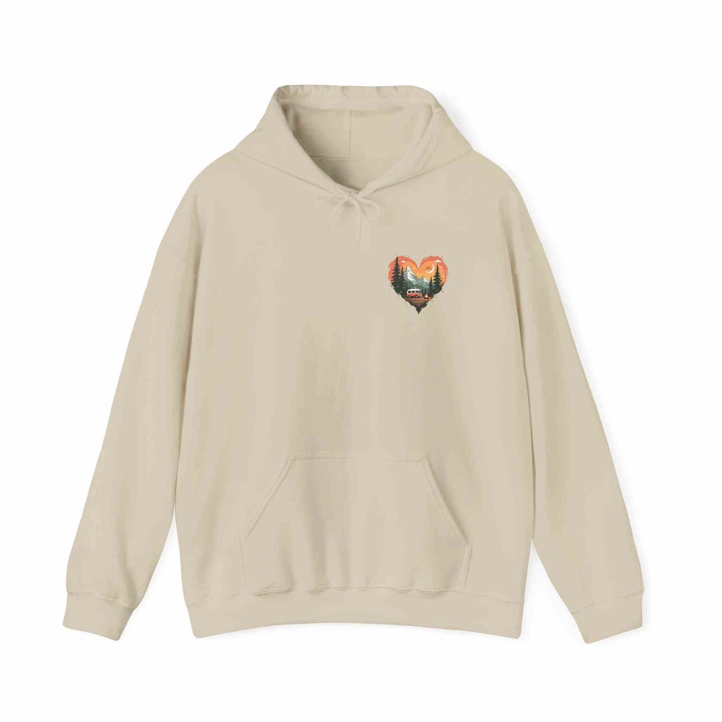 Beige unisex hoodie with nature-inspired heart graphic, front pocket, and drawstring hood, perfect for outdoor lovers.