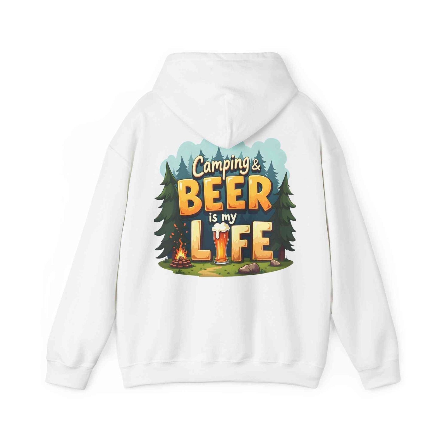 White unisex Beer Life Camping Hoodie with colorful camping and beer graphic on back
