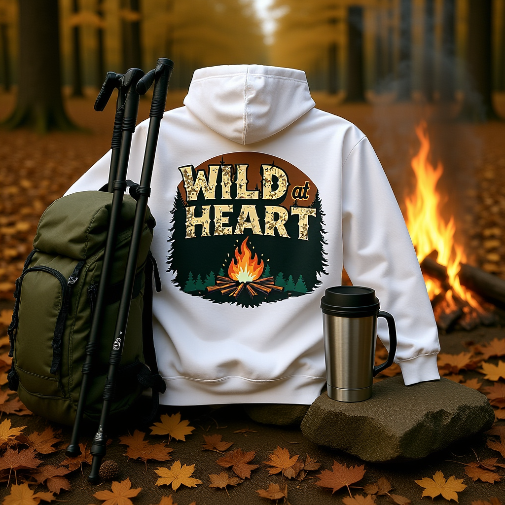 Wild Heart Unisex Hoodie with camping fire graphic, cozy outdoor sweatshirt in white.