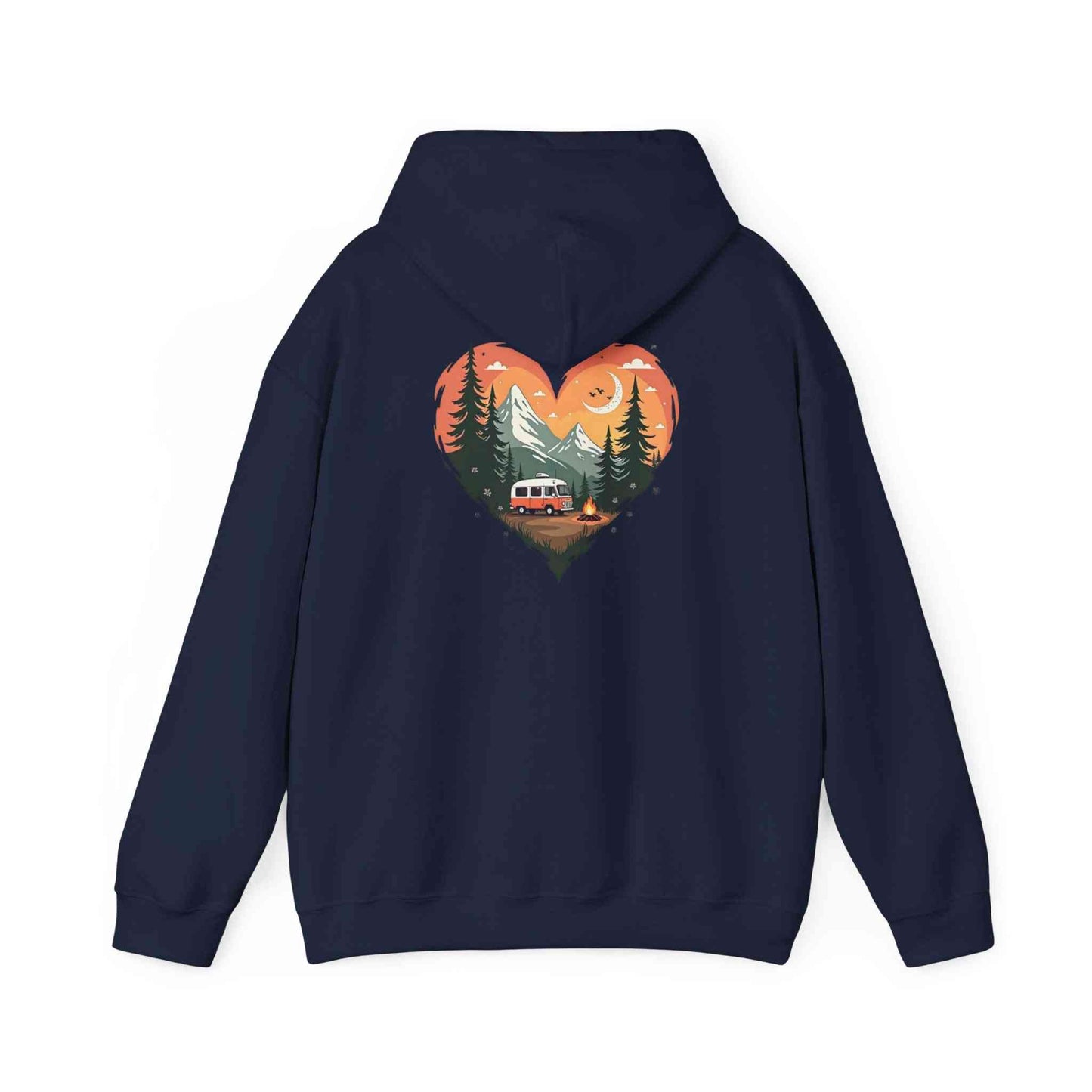 Navy hoodie with heart-shaped nature design featuring trees, sunset, and camper van, unisex outdoor sweatshirt for camping and hiking.