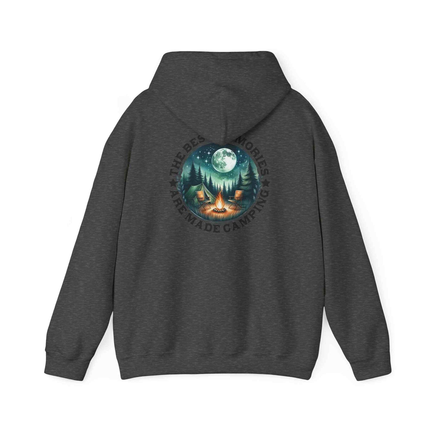 Dark gray unisex cozy sweatshirt with camping adventure graphic and moonlit forest design on the back