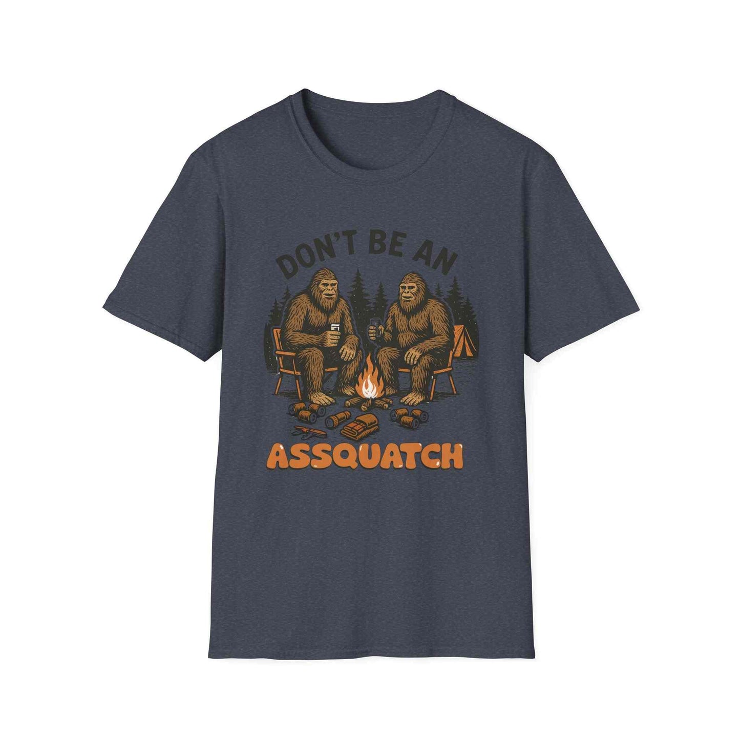 Funny Sasquatch Camping T-Shirt featuring humorous Bigfoot design around campfire, unisex outdoors tee for nature lovers