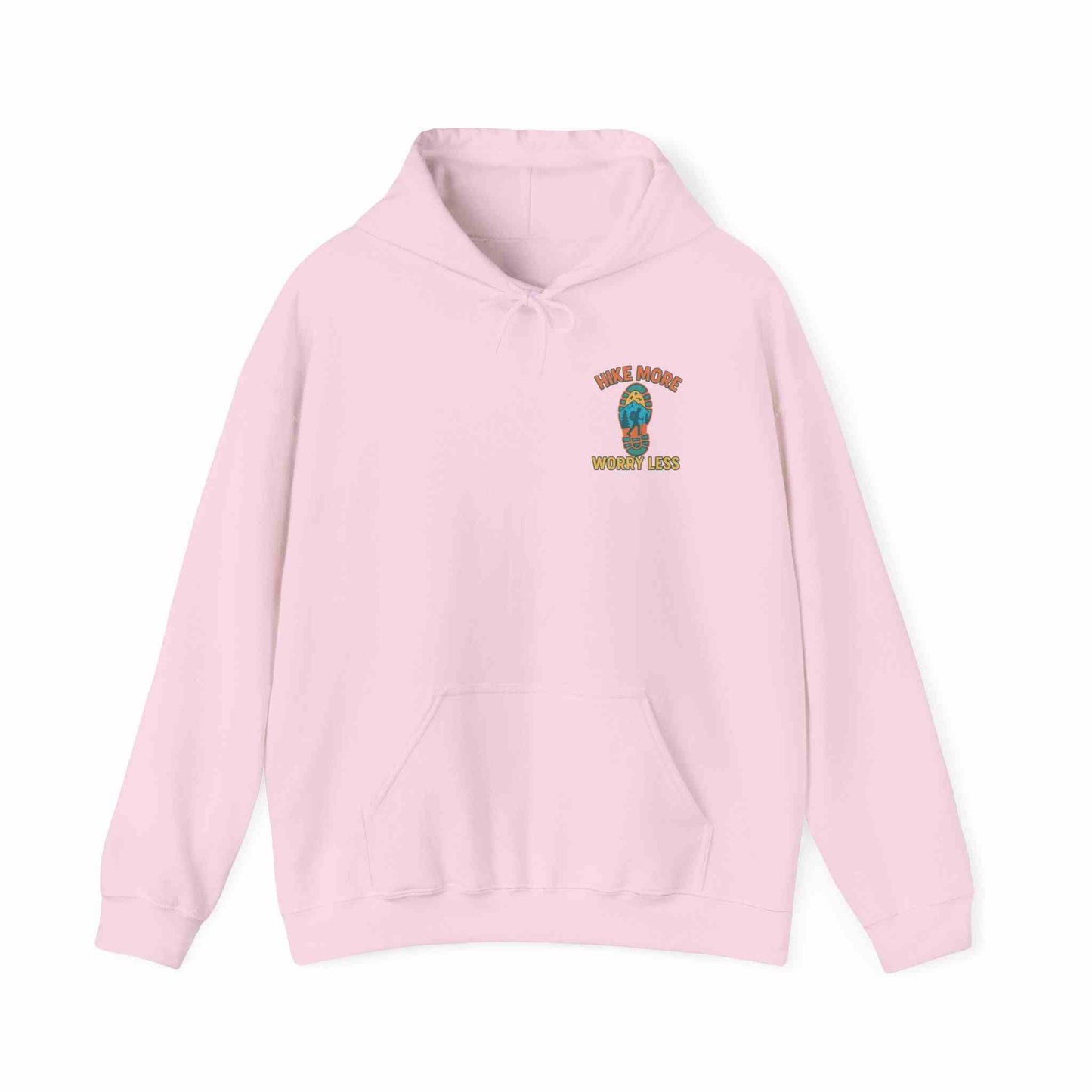 Unisex Heavy Blend™ Hooded Sweatshirt in light pink with "Hike More Worry Less" graphic, comfortable and durable outdoor hoodie