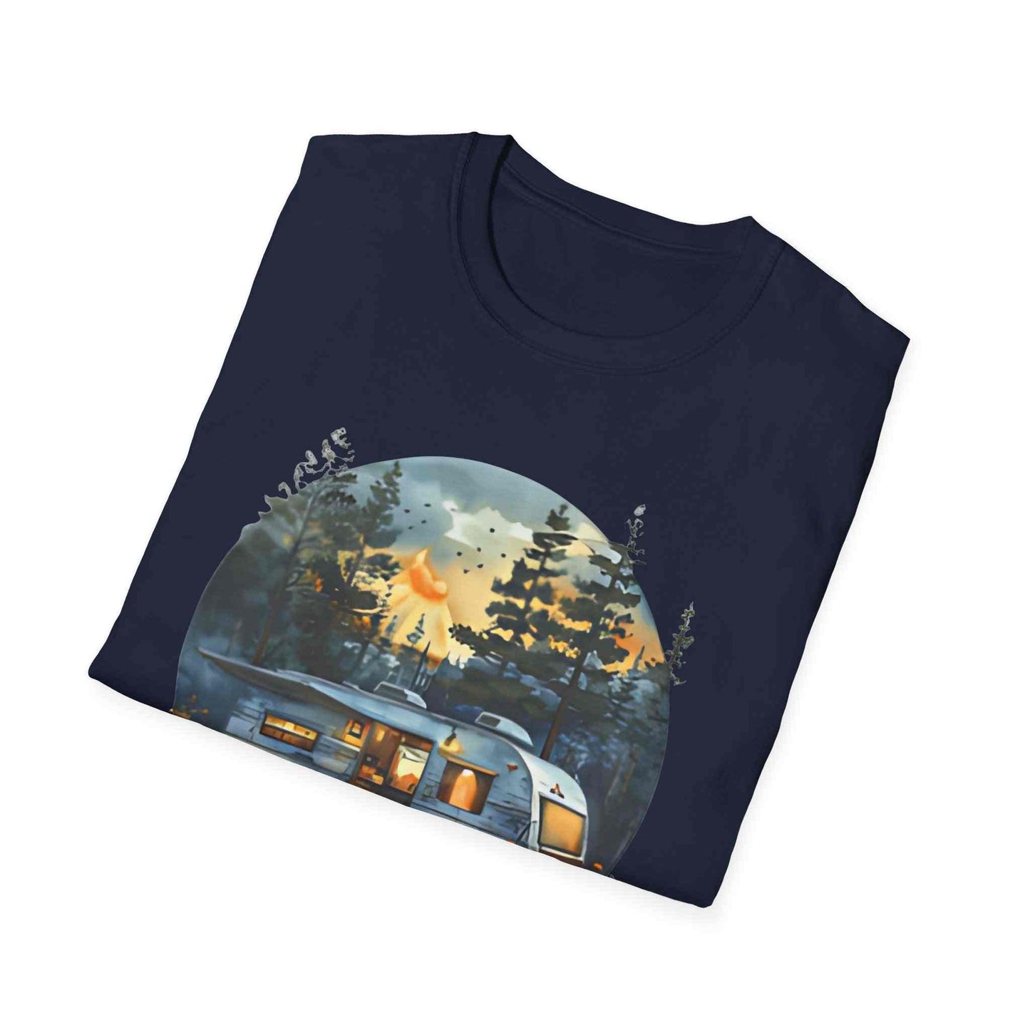 Cozy Camper Unisex softstyle t-shirt with camper trailer and forest design on navy blue fabric