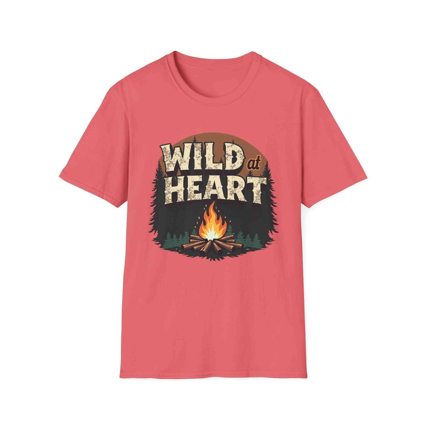 Wild at Heart Camping T-Shirt with campfire graphic on red fabric for outdoor adventure enthusiasts