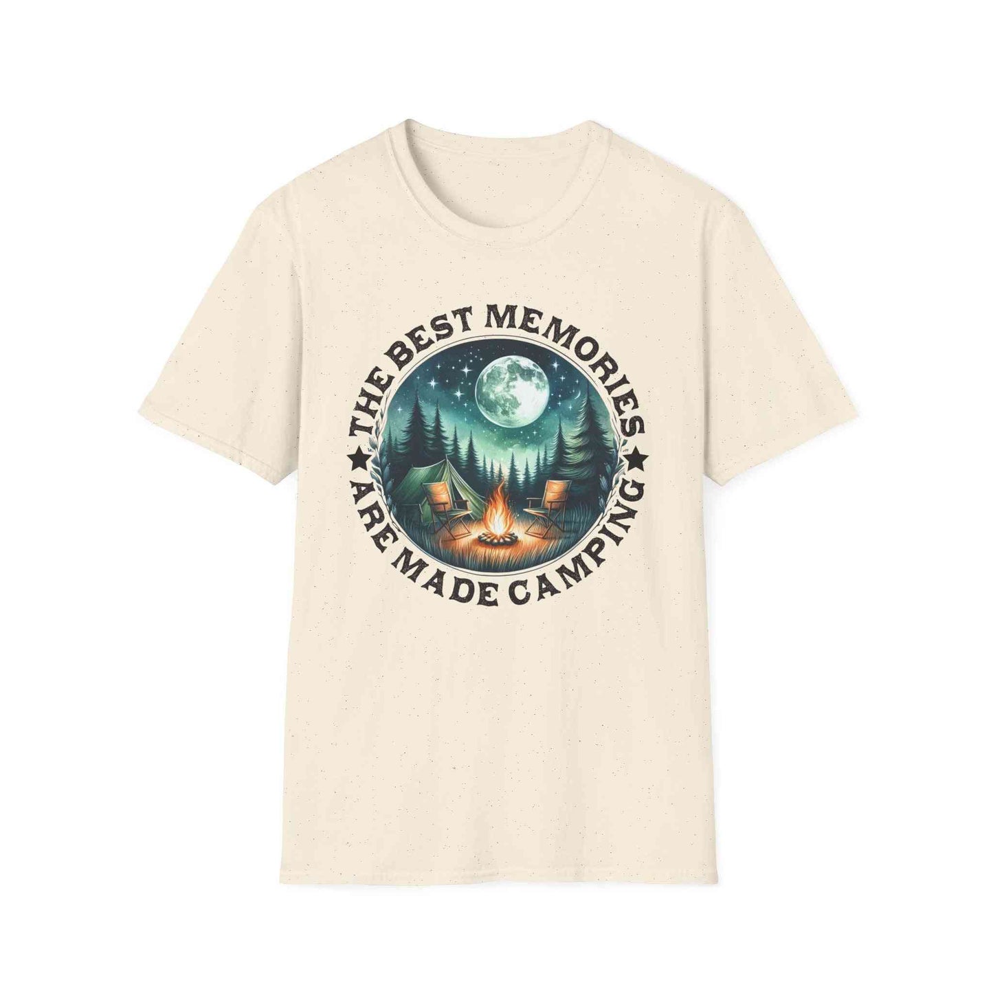 Camping Memories Unisex Softstyle T-Shirt with camping graphic and "The Best Memories Are Made Camping" text