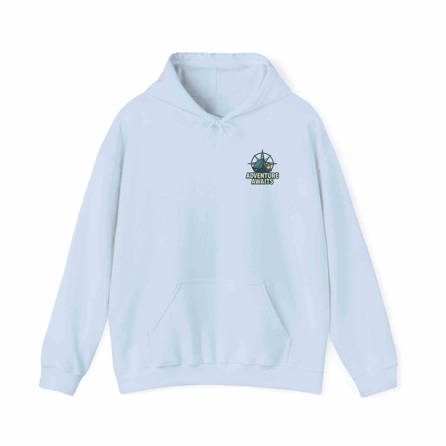 Light blue Adventure Awaits unisex hoodie with compass graphic for travel and casual wear