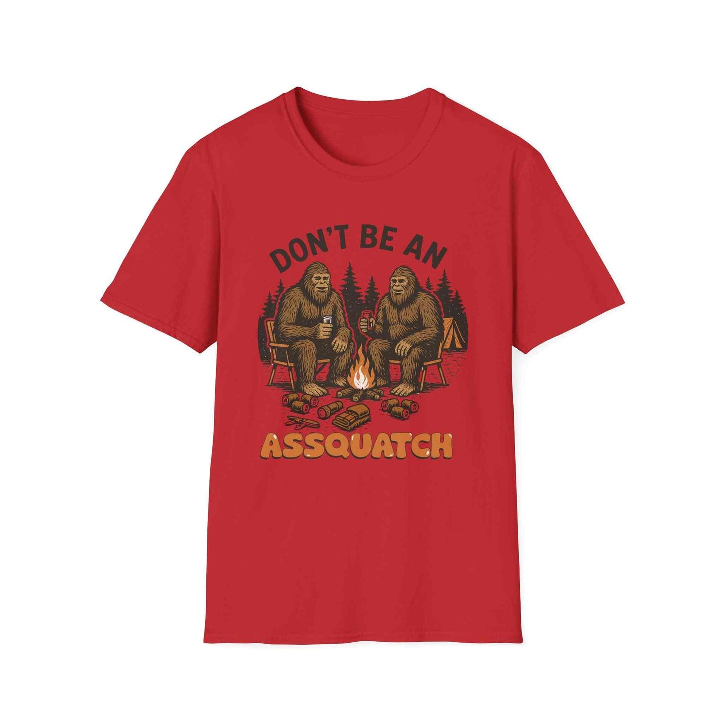 Funny Sasquatch Camping T-Shirt with Bigfoot sitting by campfire graphic on red unisex tee