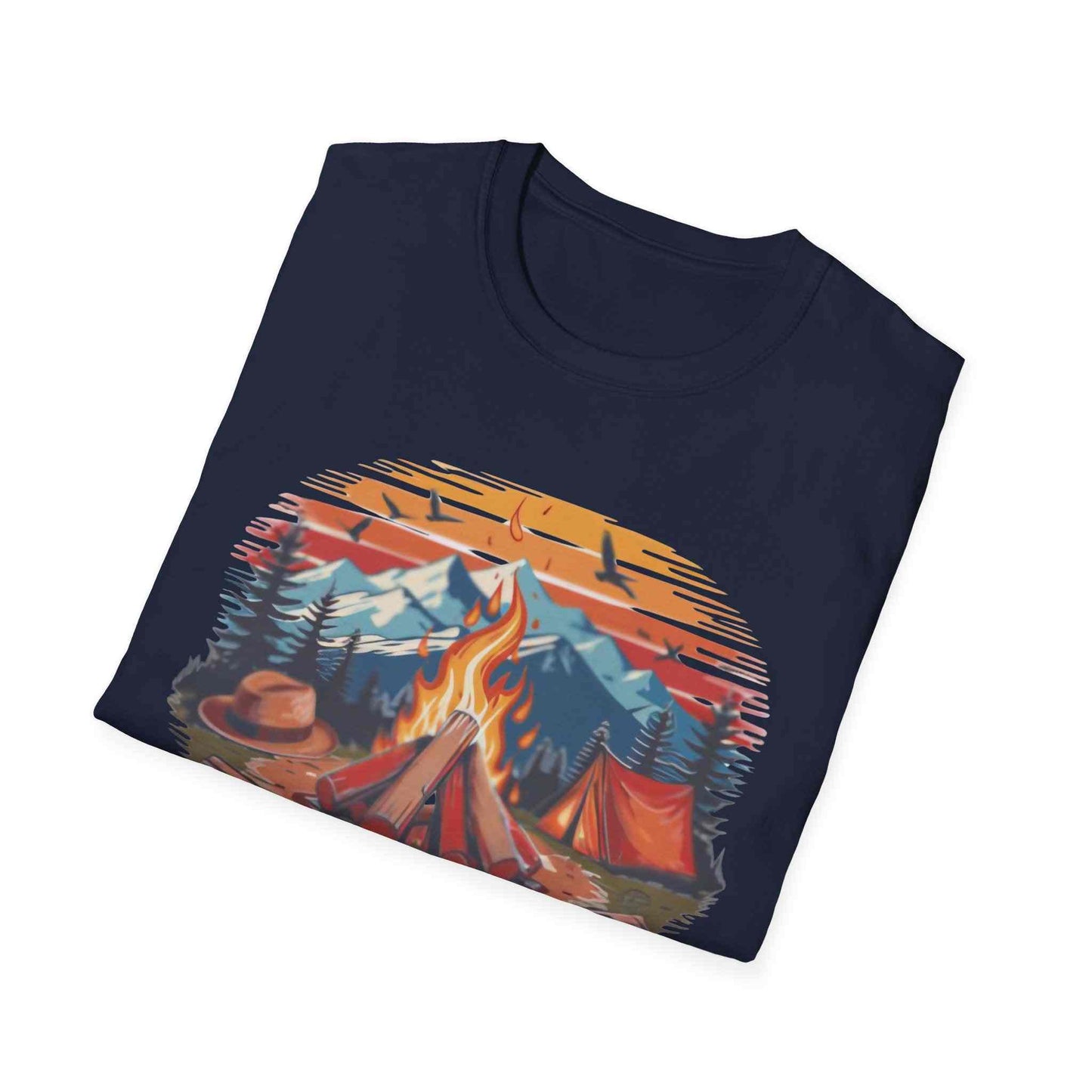 Campfire Vibes Unisex Softstyle T-Shirt with campfire and mountain design for outdoor lovers