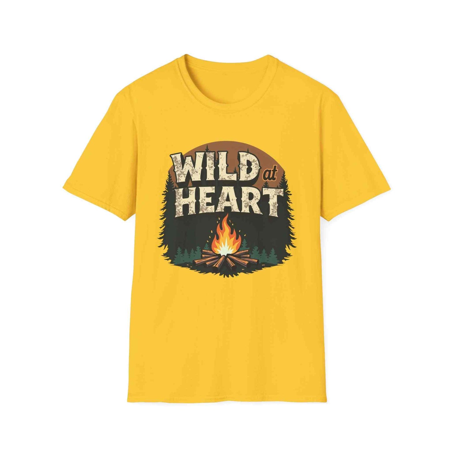 Yellow Wild at Heart Camping T-Shirt with campfire graphic and outdoor theme design