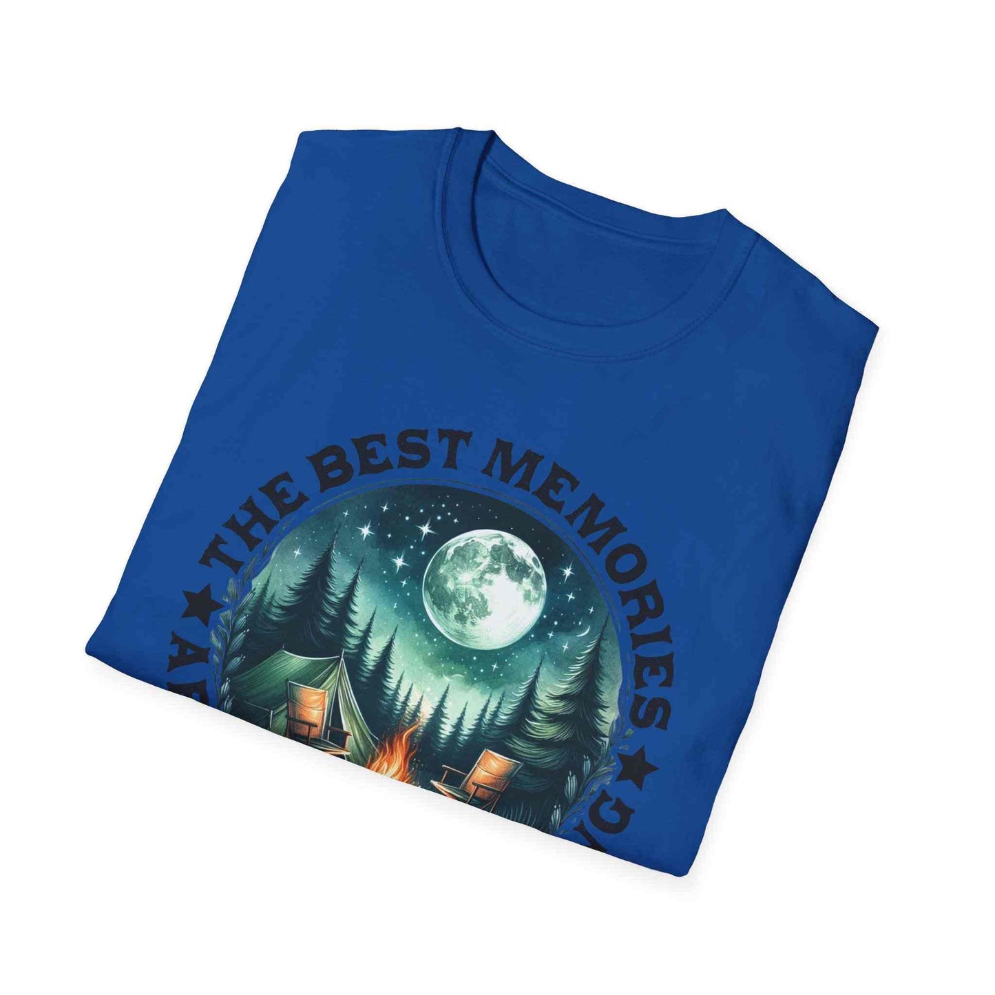 Camping Memories Unisex softstyle t-shirt with camping night design and moonlit forest scene
