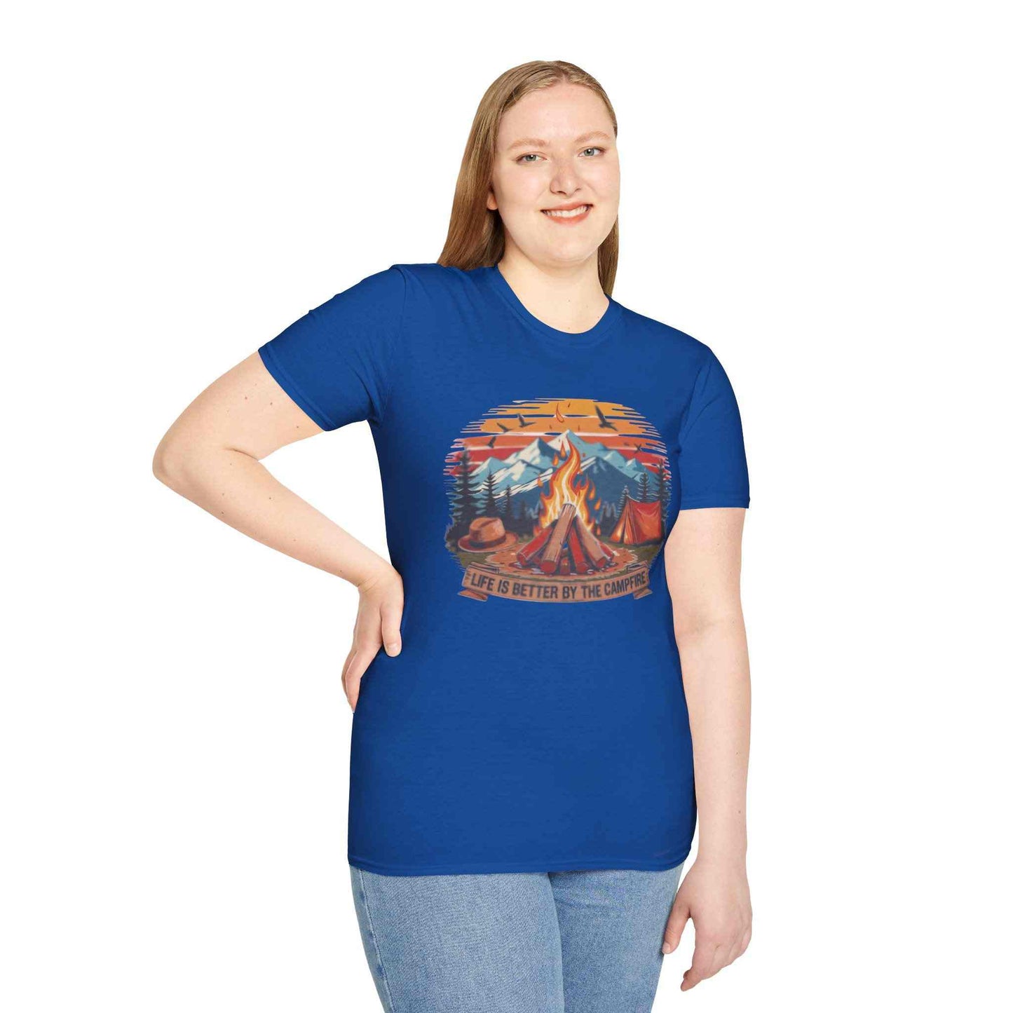 Woman wearing blue Campfire Vibes Unisex Softstyle T-Shirt with campfire graphic and nature scene