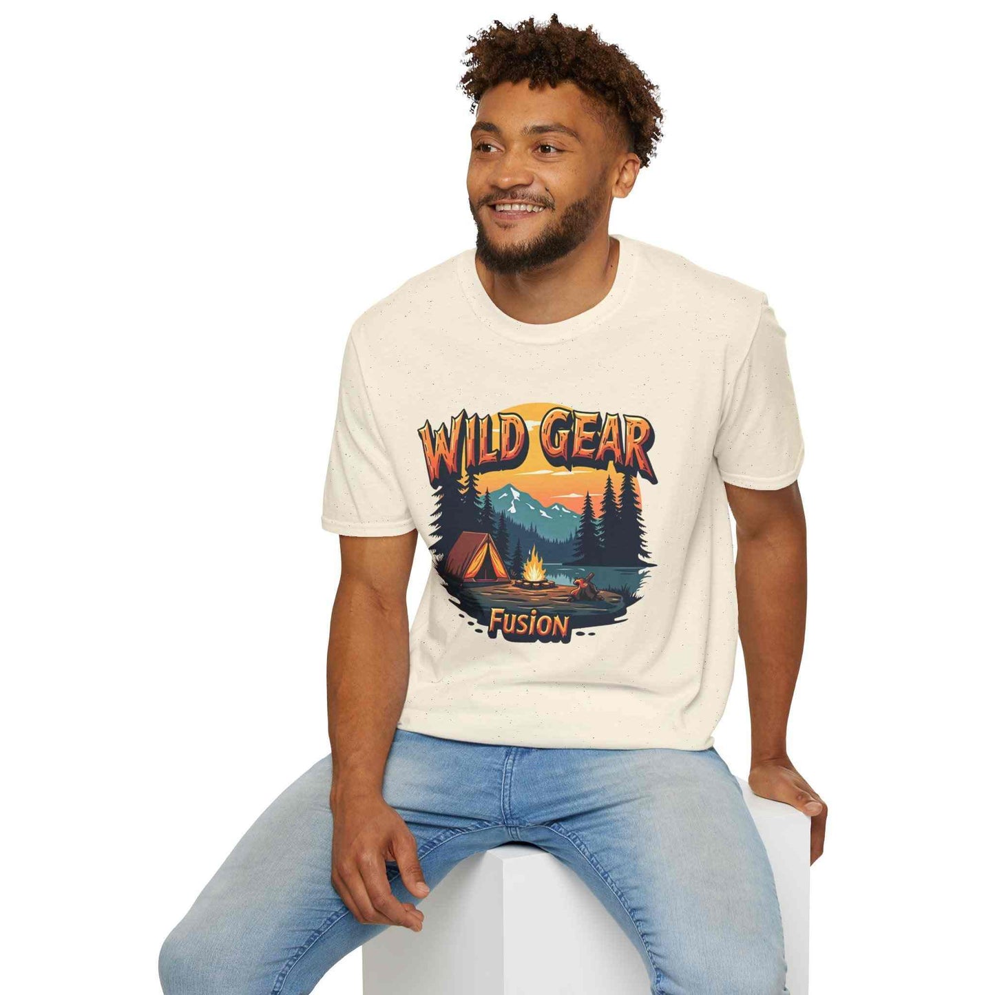 Man wearing Wild Gear Camping T-Shirt with outdoor campsite graphic and nature theme