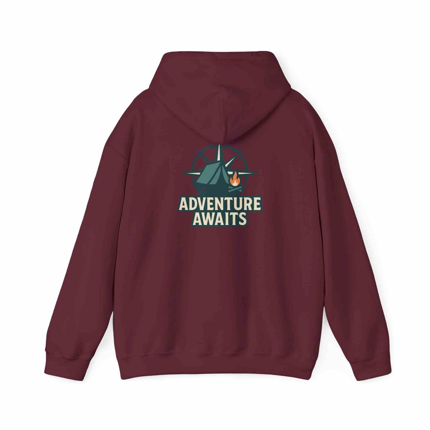 Maroon unisex hoodie with camping and "Adventure Awaits" graphic on back for travel lovers