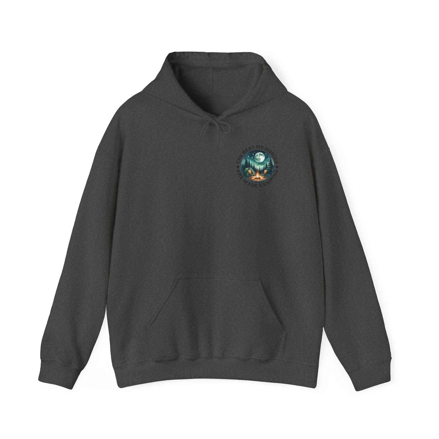 Unisex dark gray cozy sweatshirt with camping adventure design on chest pocket area