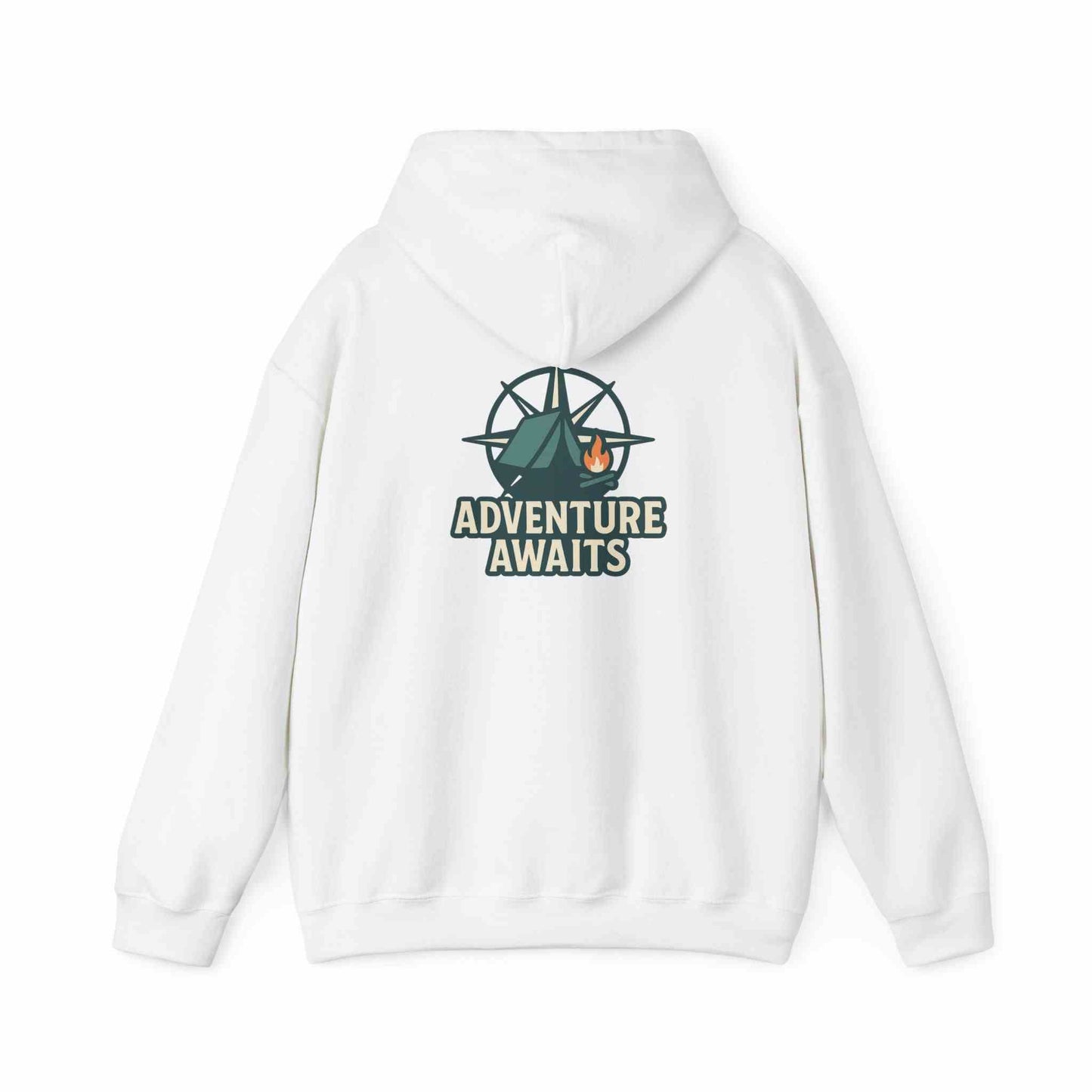 White unisex hoodie with "Adventure Awaits" camping graphic on the back, perfect travel and casual wear for adventure lovers