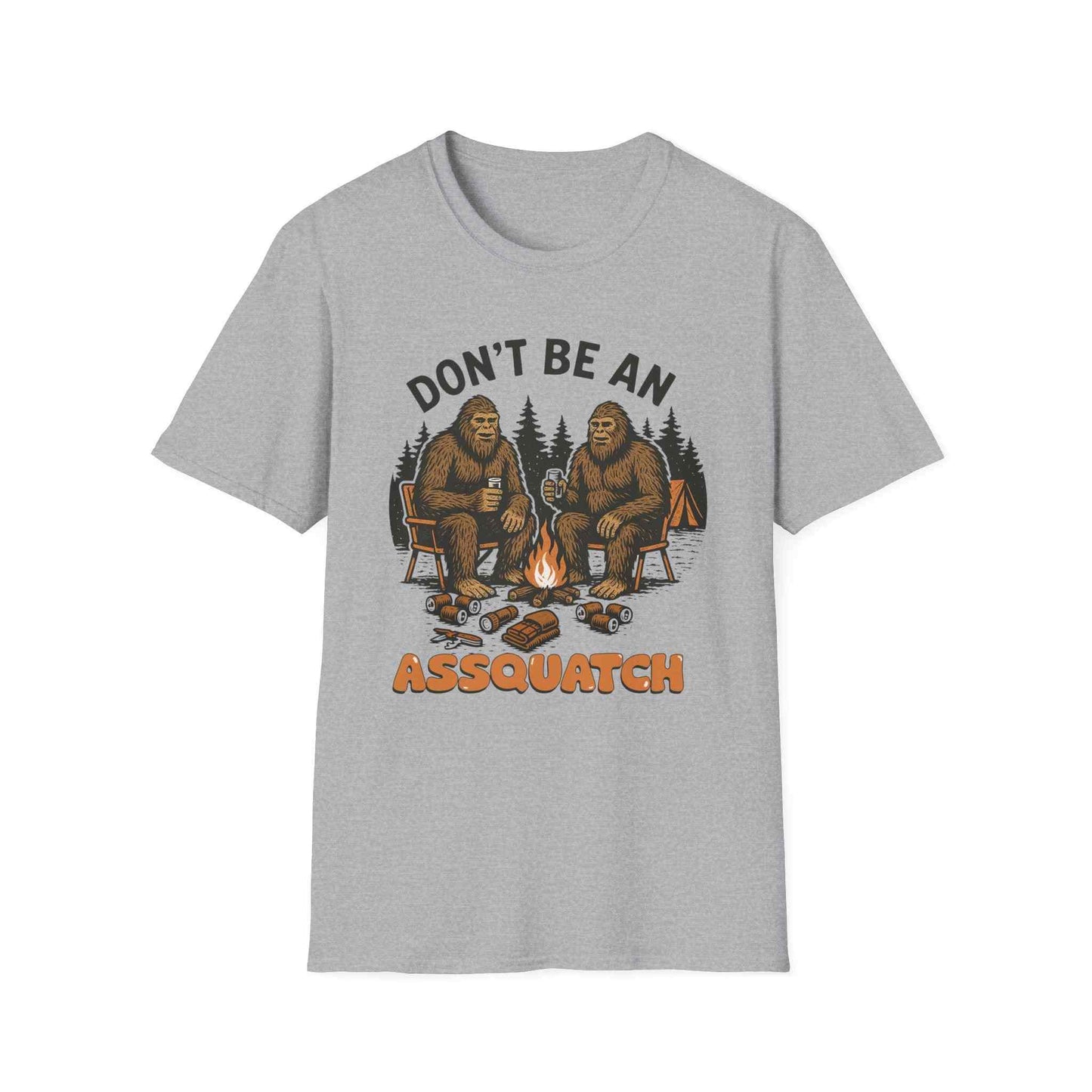 Funny Sasquatch Camping T-Shirt with playful Bigfoot design around campfire on grey unisex tee