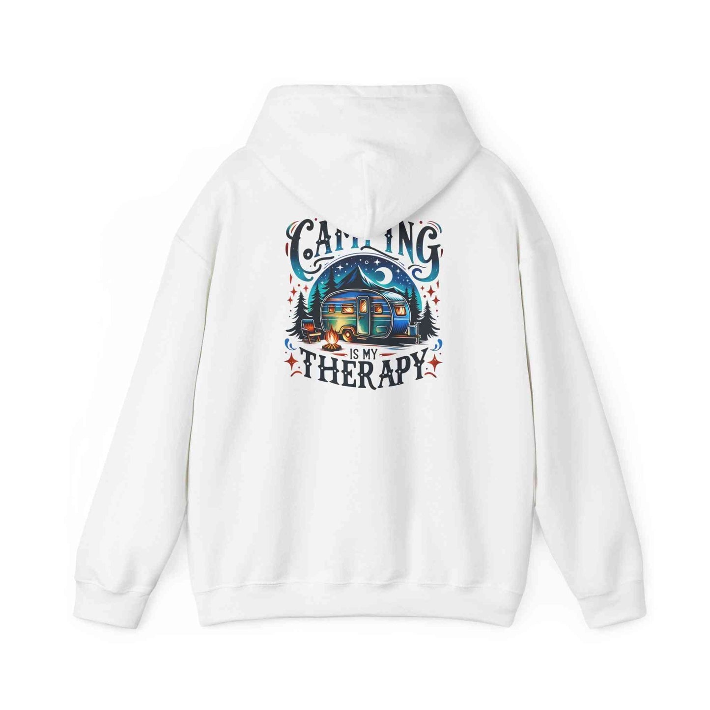 White cozy hooded Camping Therapy Sweatshirt with colorful outdoors camping graphic on back