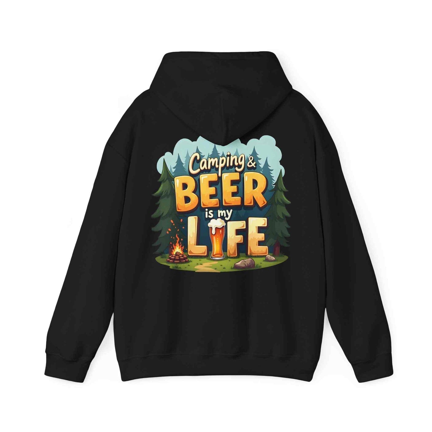Black unisex Beer Life Camping Hoodie with colorful camping and beer graphic and adjustable hood