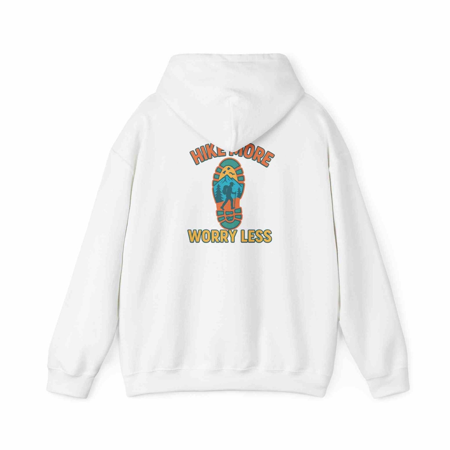 White unisex heavy blend hooded sweatshirt with "Hike More Worry Less" design and outdoor hiking boot graphic on back