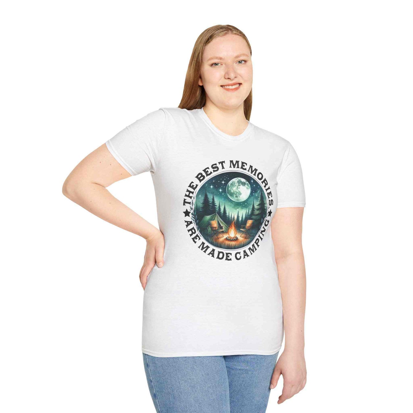 woman wearing white Camping Memories Unisex softstyle outdoor tee with camping graphic and text