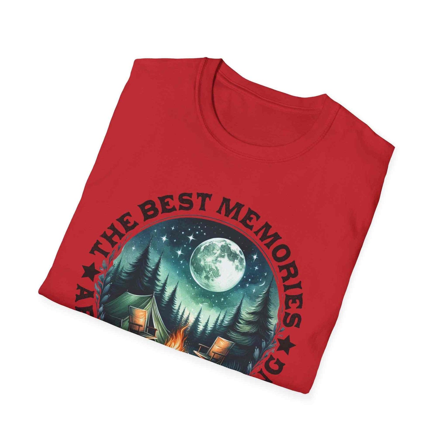 Camping Memories Unisex softstyle red t-shirt with outdoor camping design featuring tent, campfire, and moon.