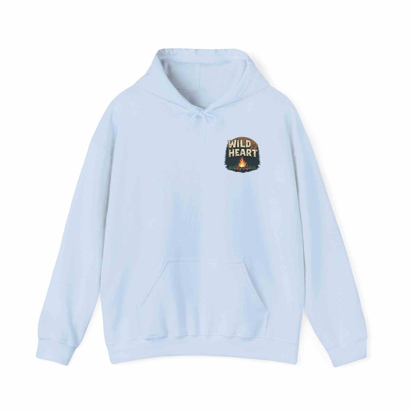 Light blue Wild Heart Unisex Hoodie with cozy camping design and front pouch pocket