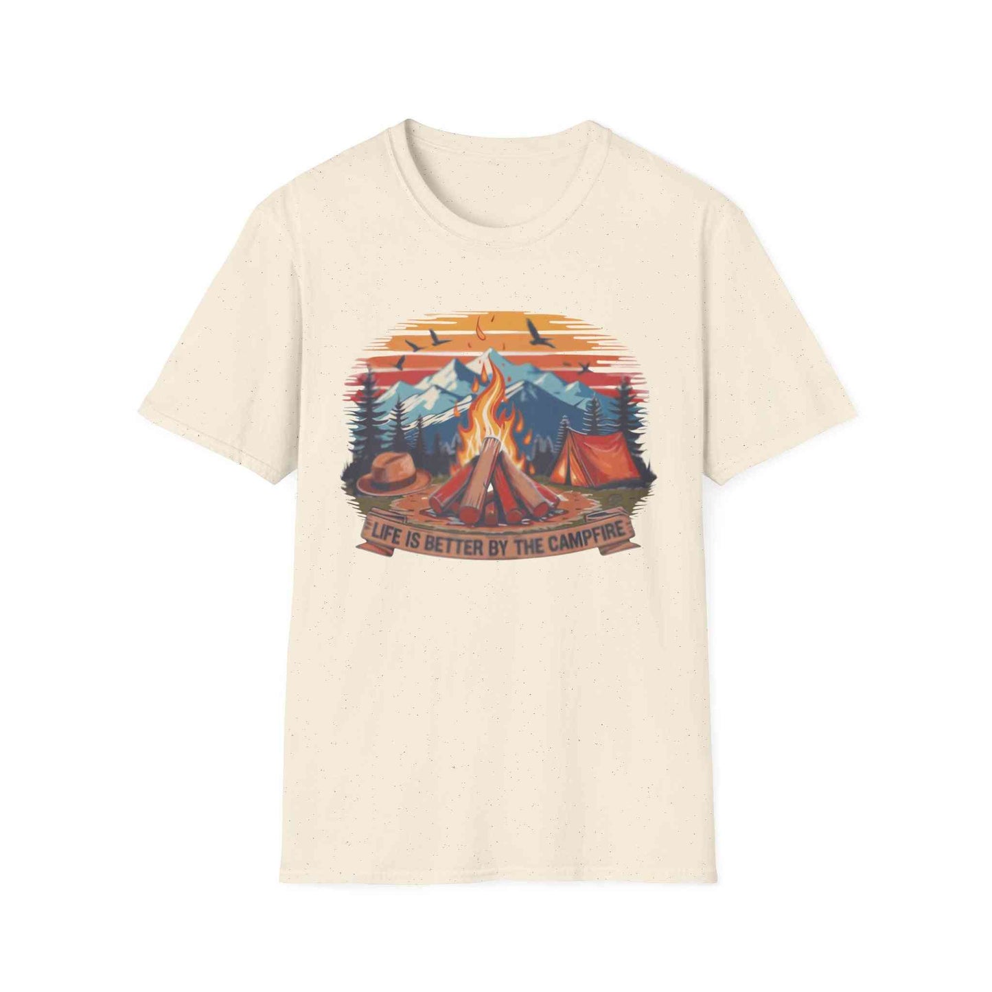 Campfire Vibes Unisex Softstyle T-Shirt with campfire and mountain design for outdoor lovers