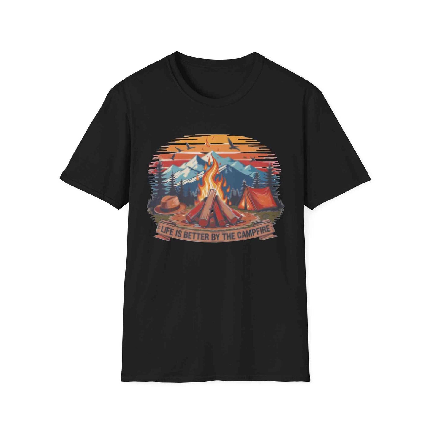 Campfire Vibes Unisex Softstyle T-Shirt with campfire and mountain design for outdoor lovers