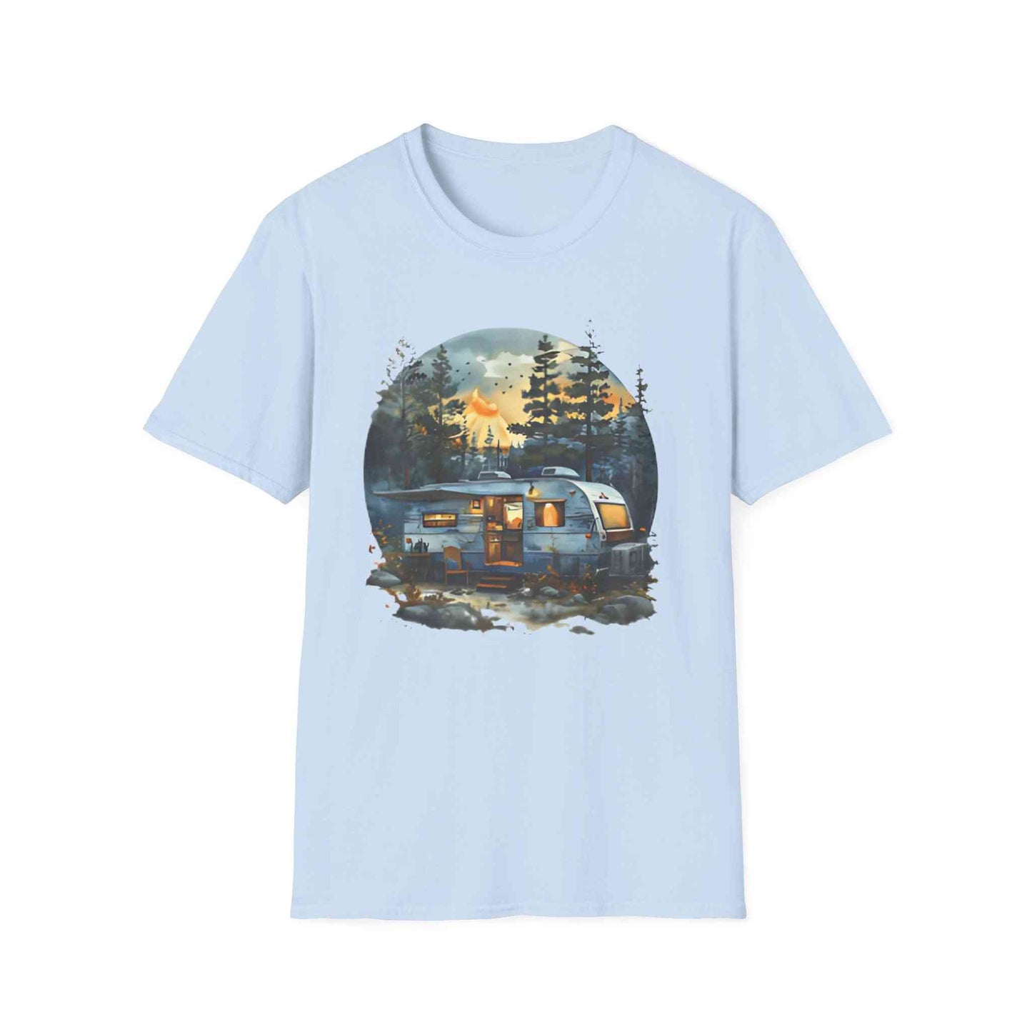 Cozy Camper Unisex Softstyle T-Shirt with outdoor camper trailer graphic on light blue fabric