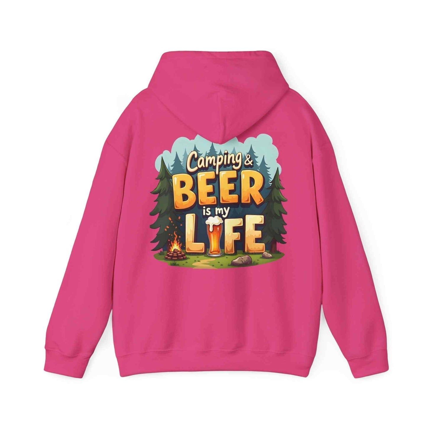 Unisex pink Beer Life Camping Hoodie with camping and beer graphic on back, cozy outdoor sweatshirt with hood and kangaroo pocket