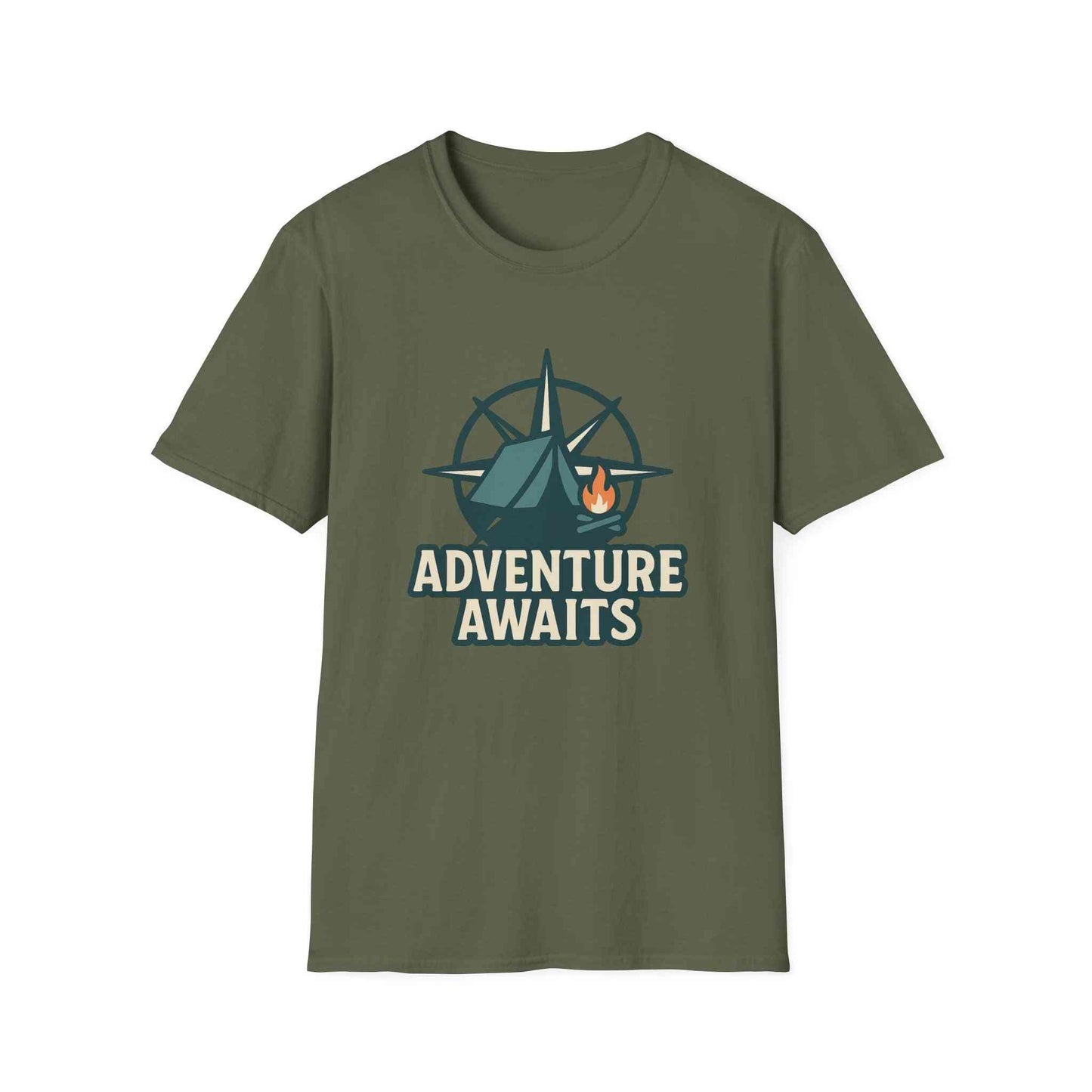 Adventure Awaits Unisex Softstyle T-Shirt, Camping Shirt, Hiking Tee, Outdoor Enthusiast Gift, Adventure Lover Apparel, Travel T-Shirt
