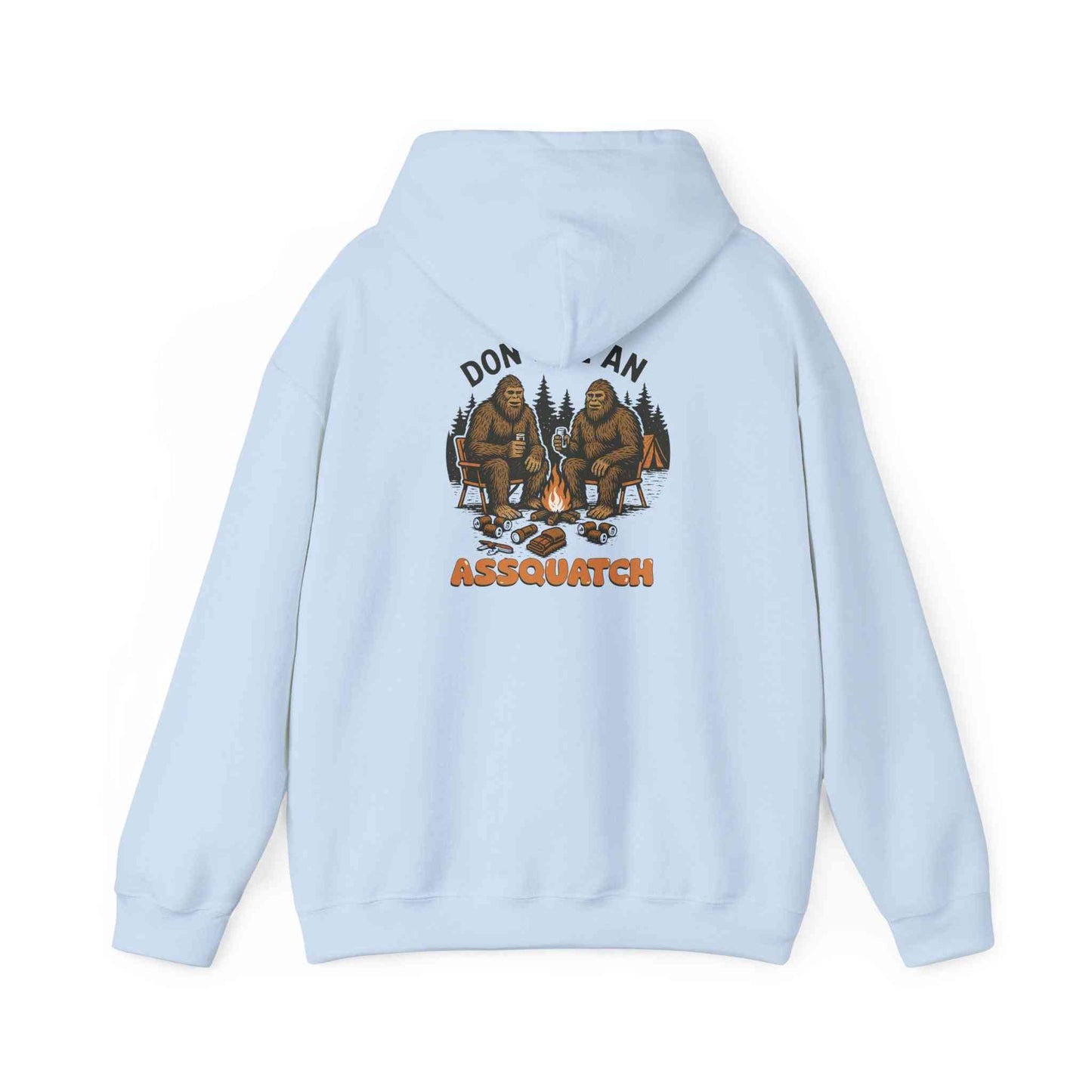 Light blue unisex Cozy Bigfoot Hoodie with Sasquatch campfire design on the back for outdoor lovers