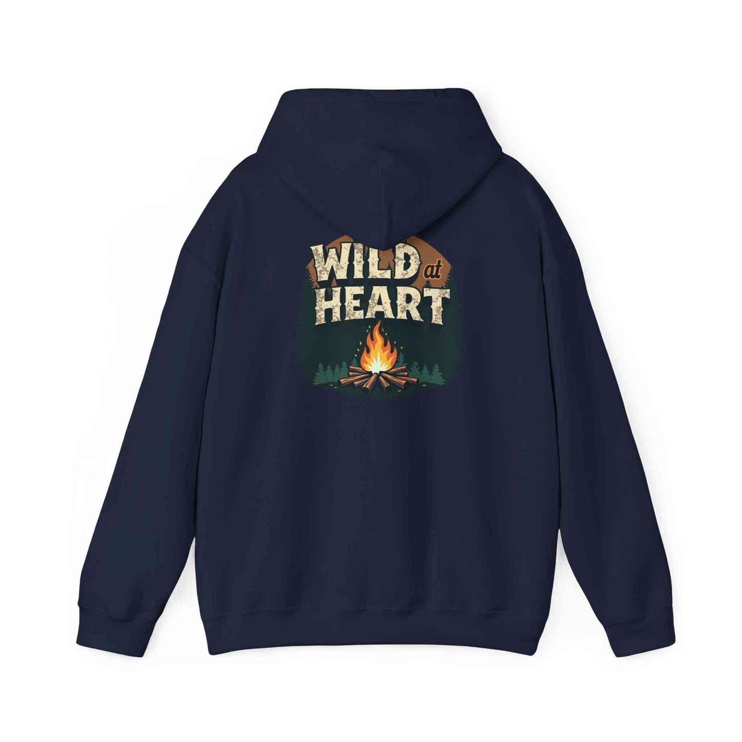 Wild Heart Unisex Hoodie navy blue with campfire graphic and outdoor theme