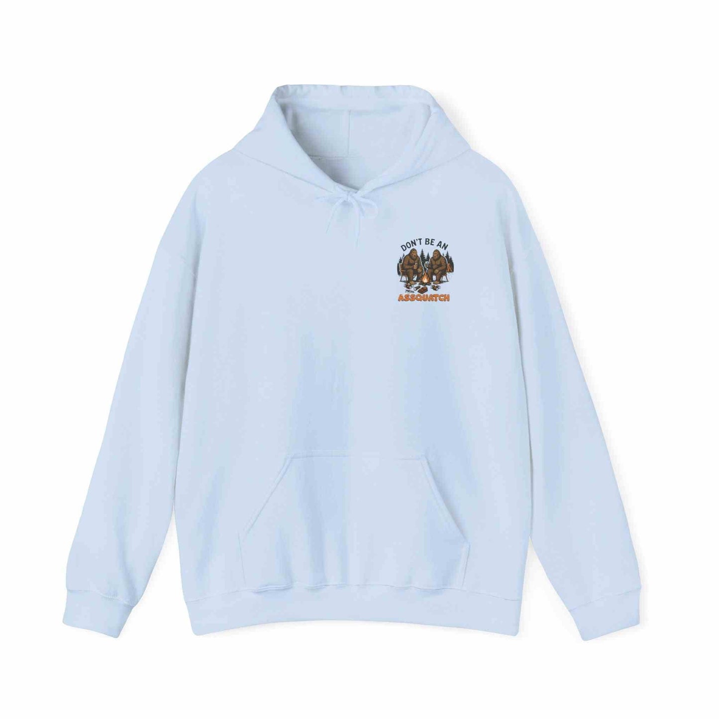 Light blue unisex Cozy Bigfoot Hoodie with Sasquatch design and front pocket for outdoor comfort